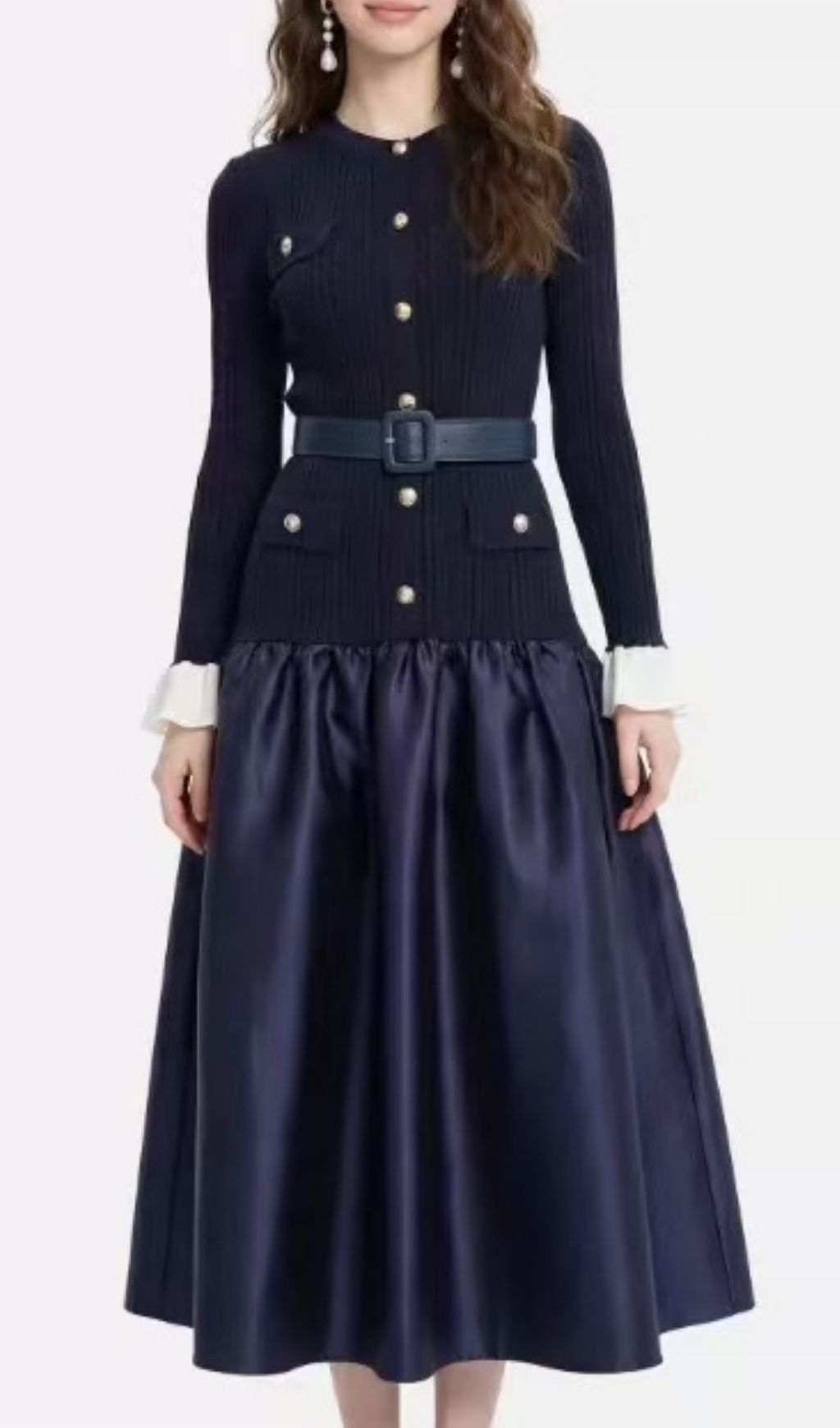 Fashionslee Women Kawena Navy Knit Long Sleeve Midi Dress