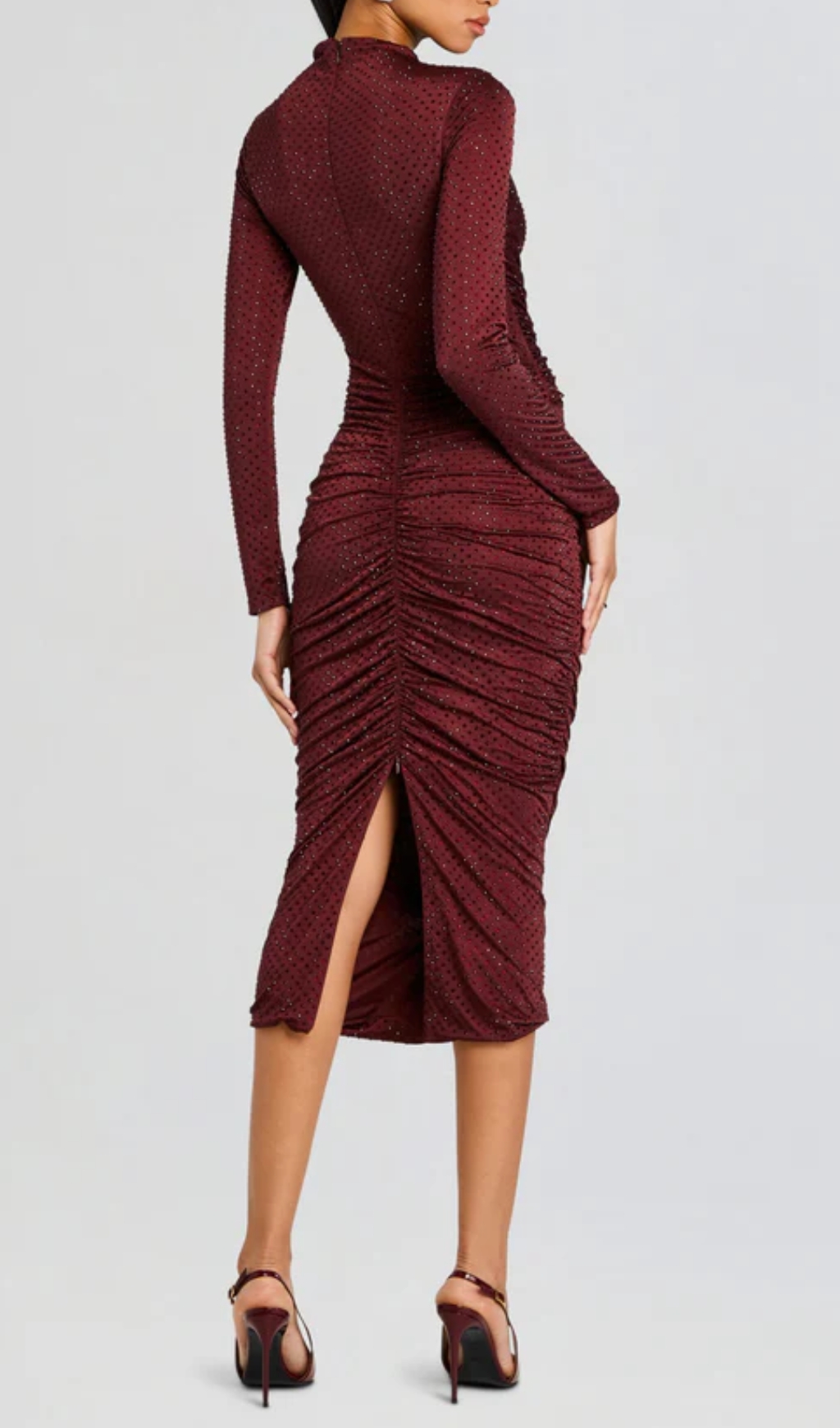 Fashionslee Women Devika Wine Embellished Ruched Midi Dress