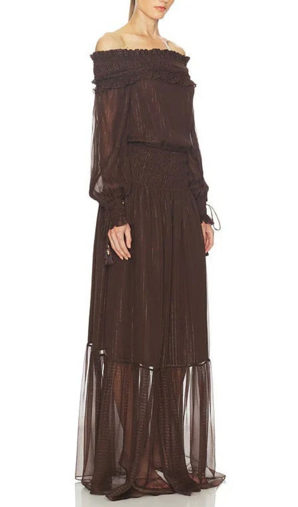42f33e6ec3bdf30721c73a32525253f2.jpg Fashionslee Women Tiffany Brown Off-shoulder Maxi Dress with Ruched Trim