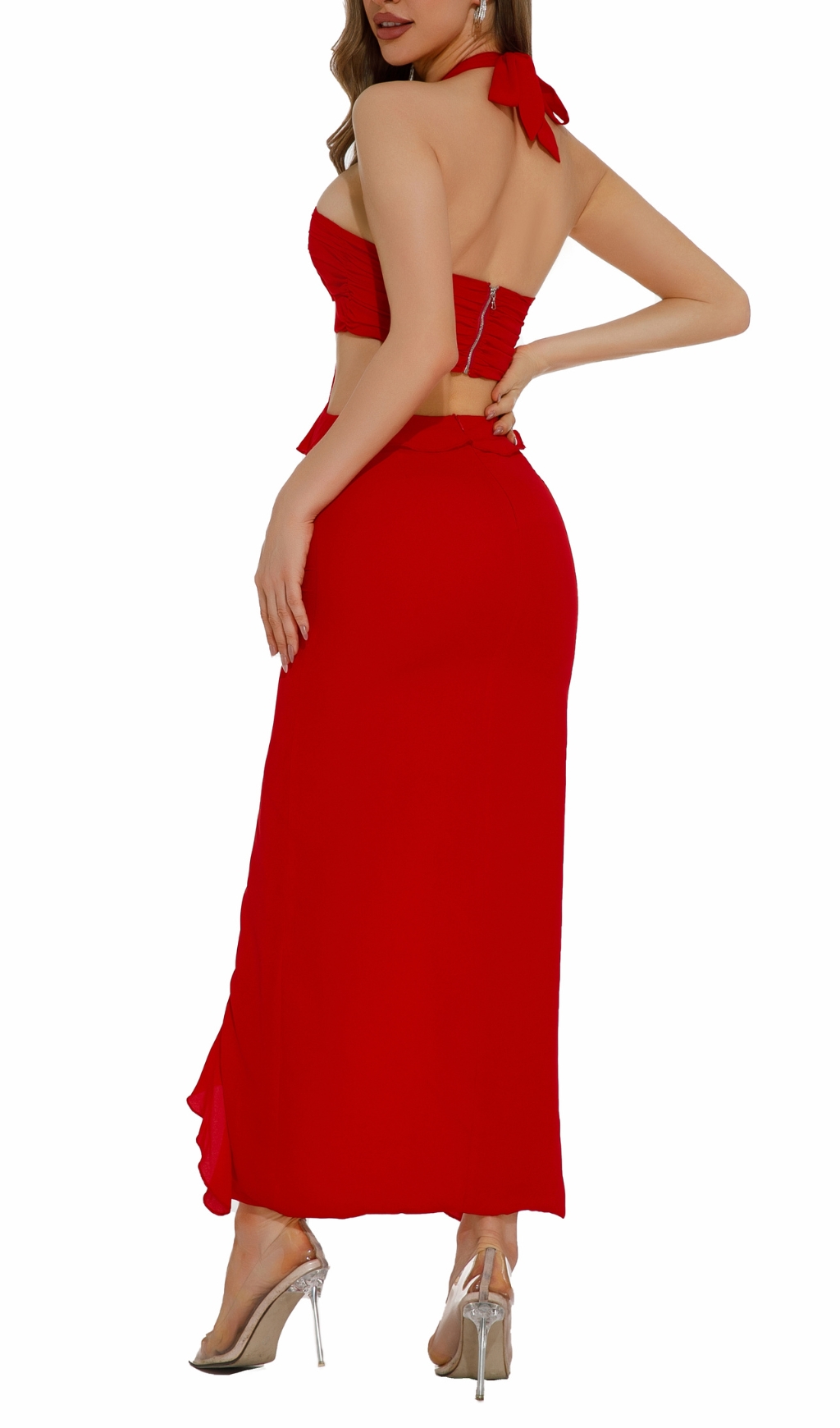 Fashionslee Women Buddug Red Halter Flower Cutout Maxi Dress