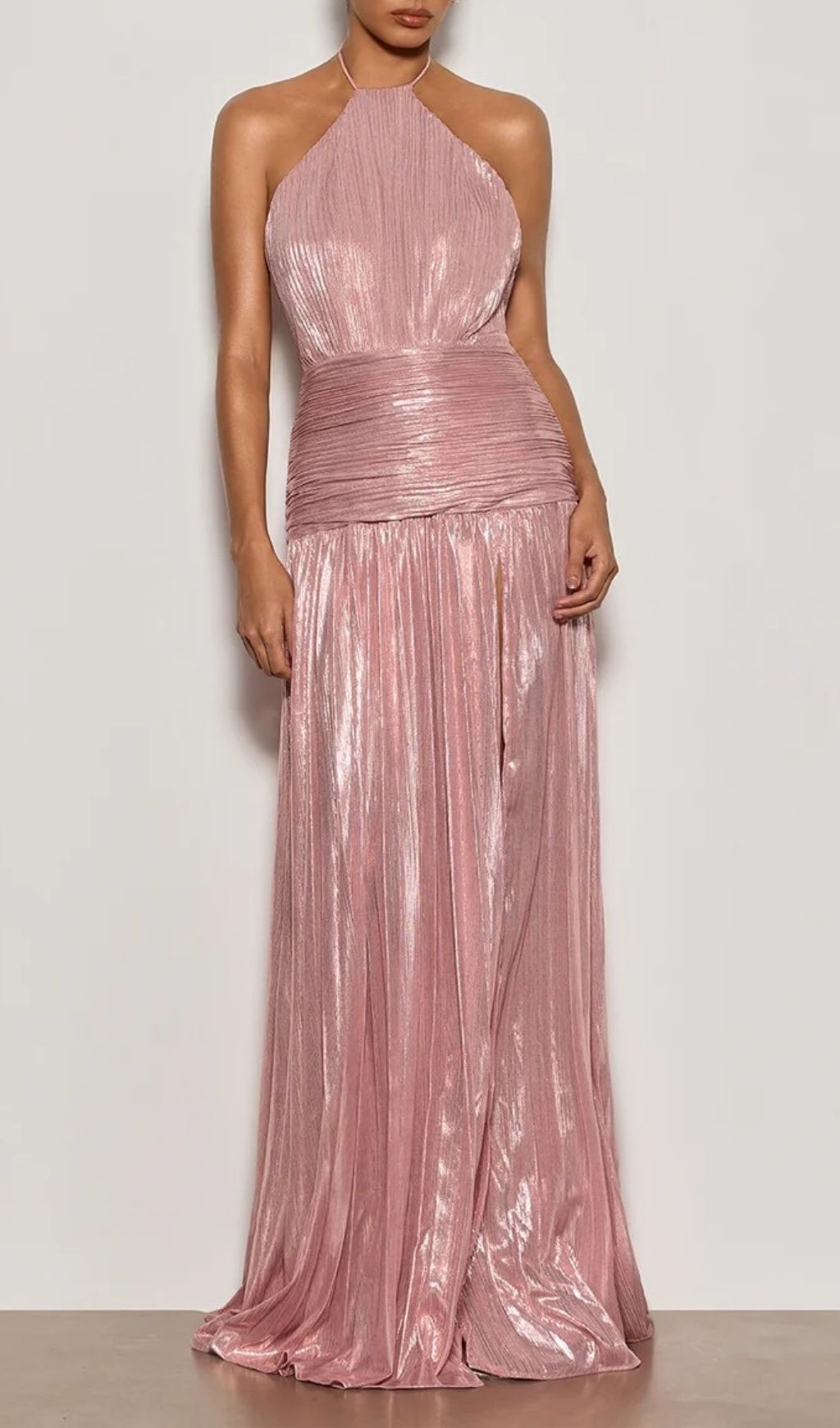 Fashionslee Women Syriona Halterneck Split Pleated Metallic Maxi Dress In Pink