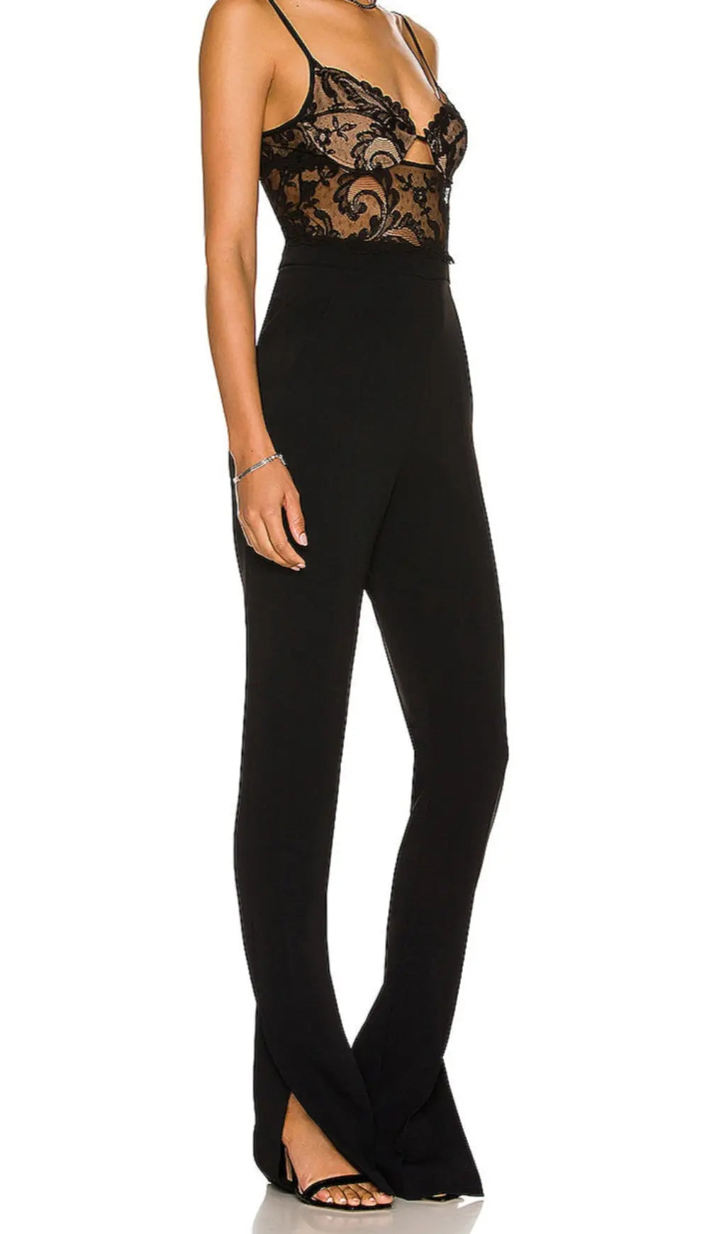 Fashionslee Women Black Strappy Lace Bandage Jumpsuit