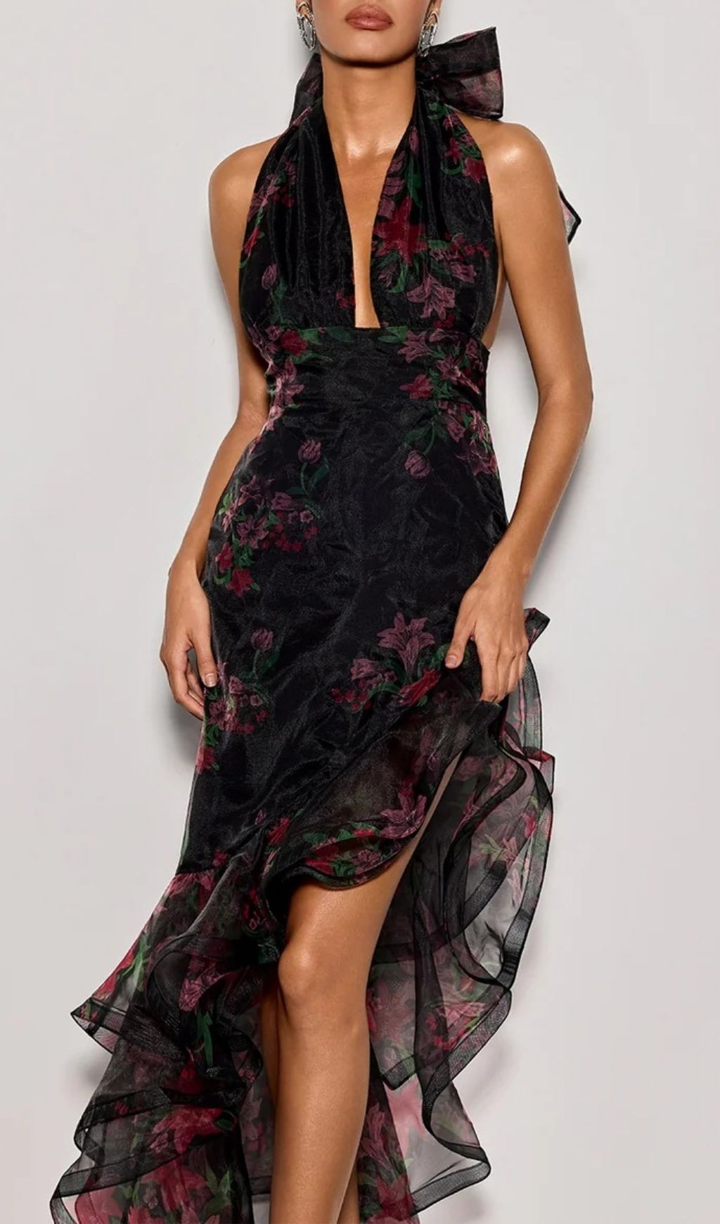 Fashionslee Women Cynna Halterneck Floral Ruffle Maxi Dress