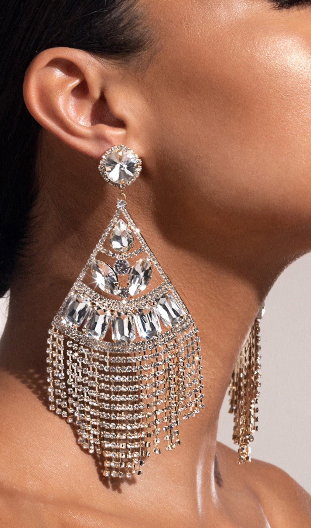 Fashionslee Women Gold Statement Crystal Drop Tassel Earrings
