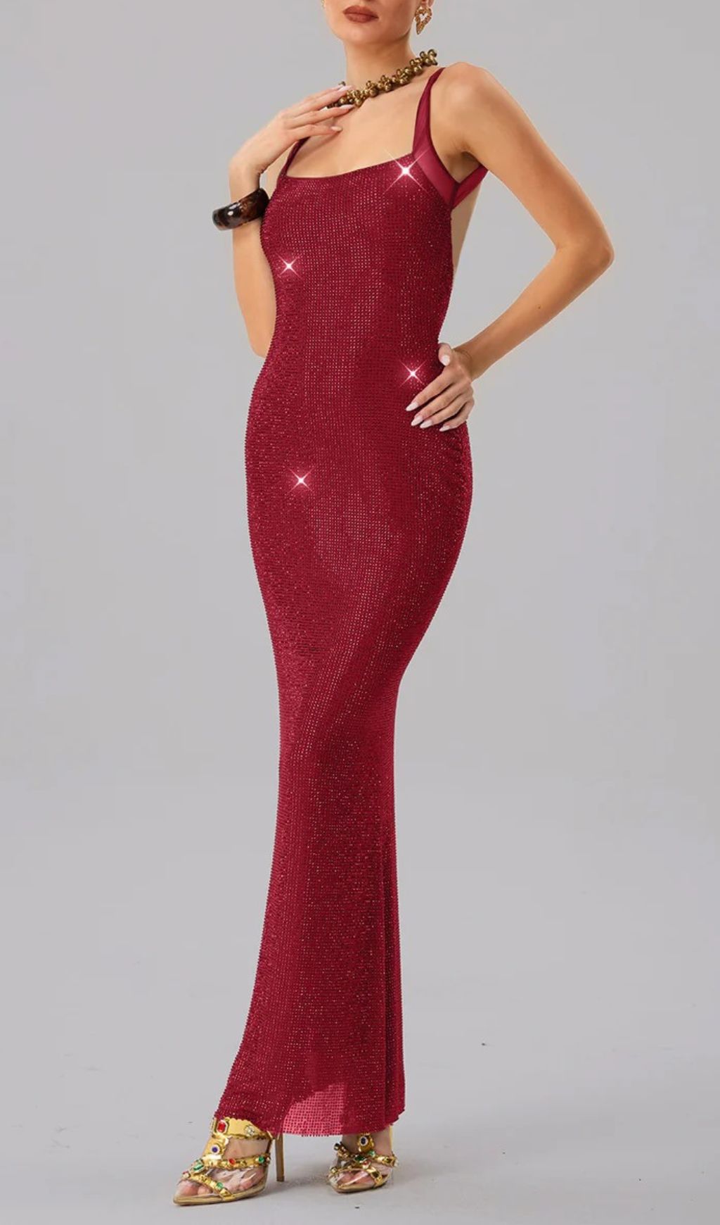 440571f43462840f513690241485b906.jpg Fashionslee Women Jouncegrid Backless Rhinestone Maxi Dress In Red