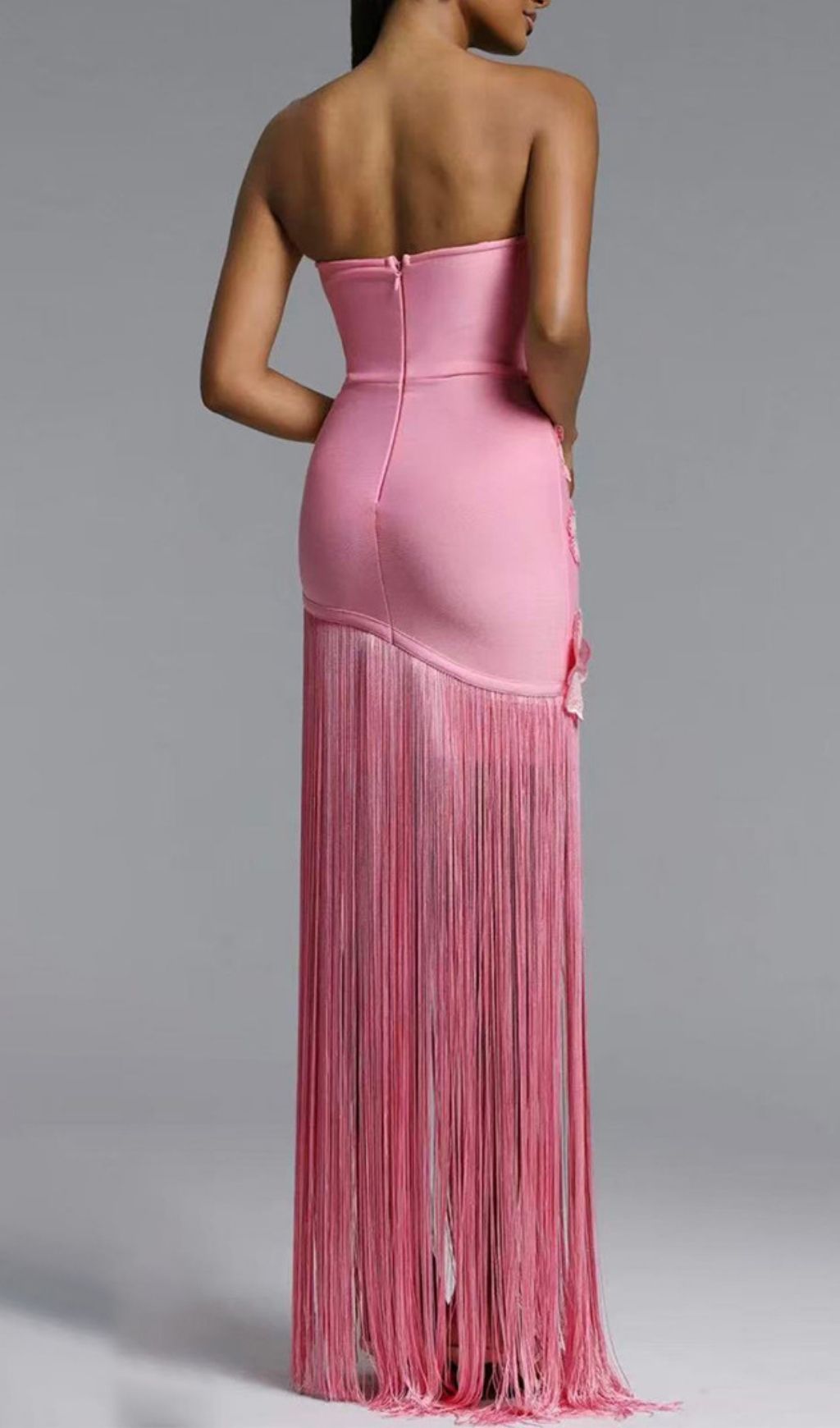 Fashionslee Women Koa Pink Strapless Flower Tassel Bandage Maxi Dress