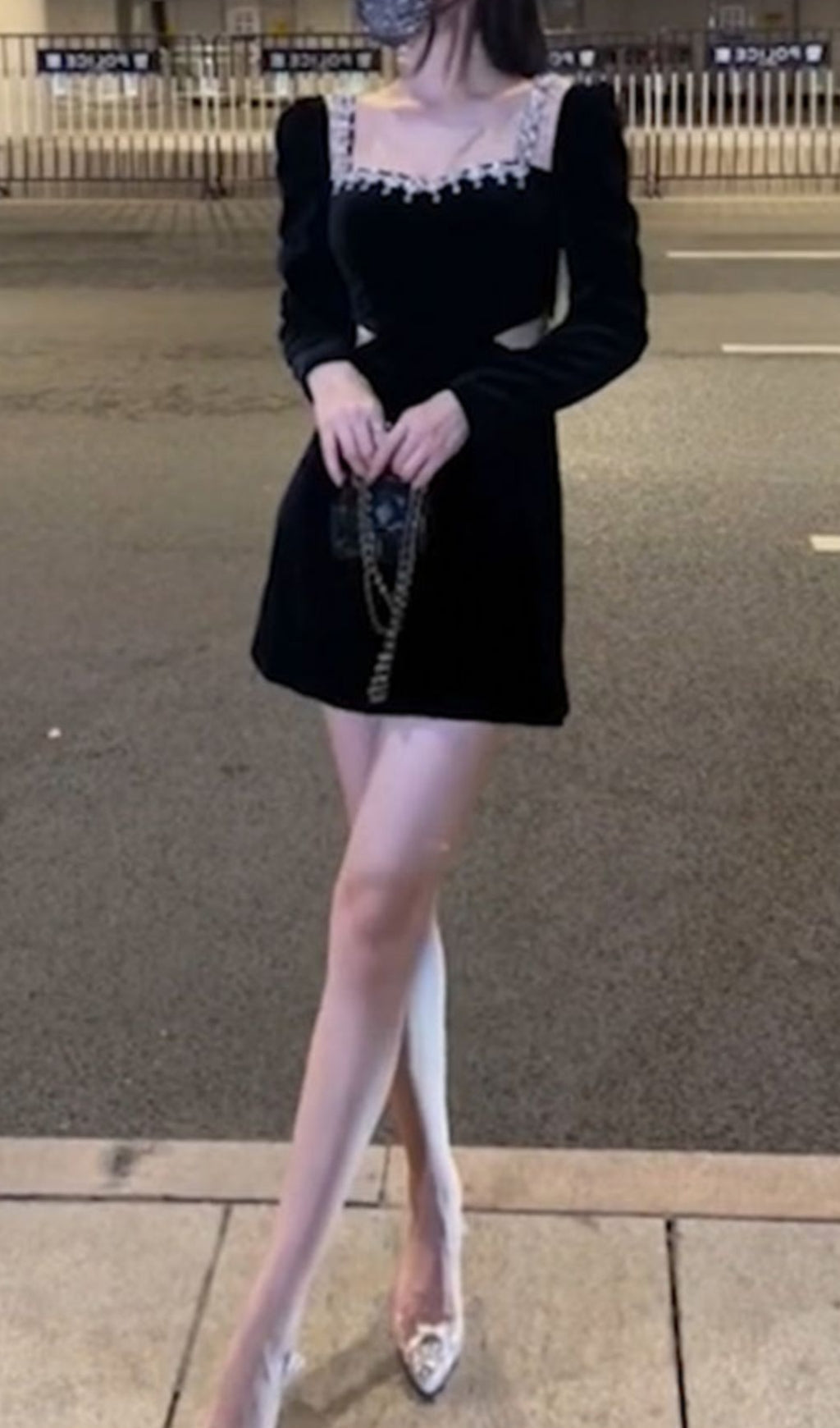 Fashionslee Women Square Neck Long Sleeve Velvet Mini Dress