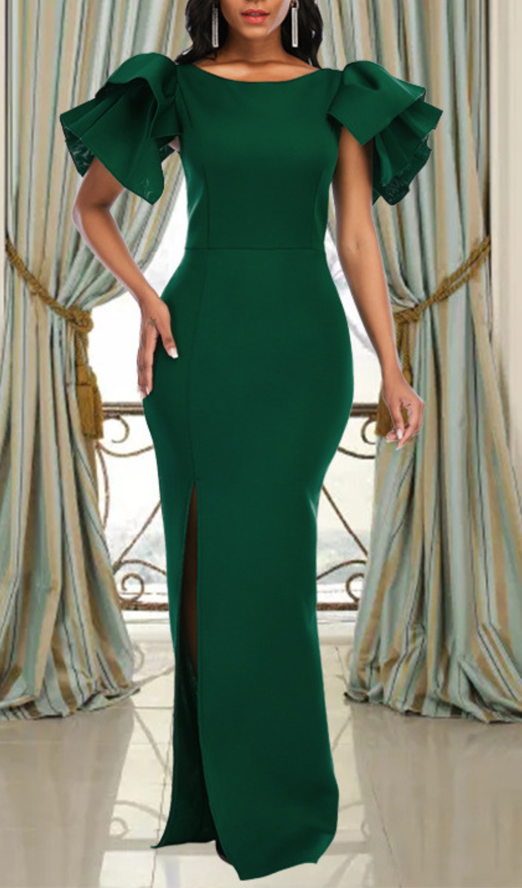 Fashionslee Women Badu Green Ruffle Slit Maxi Dress