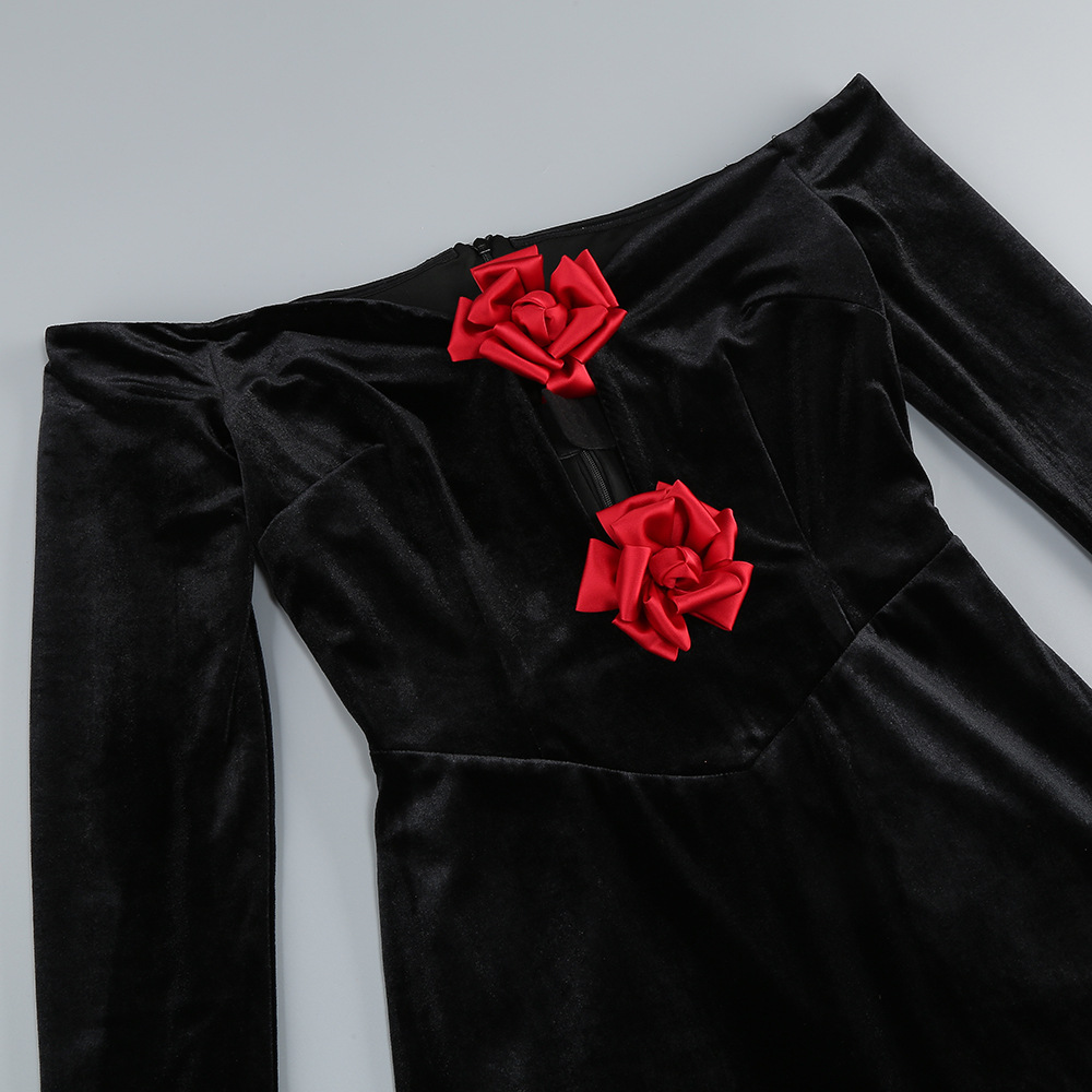 448839b5978442142de0505e34ec4b74.jpg Fashionslee Women Brocade Black Long Sleeve Flower Velvet Maxi Dress