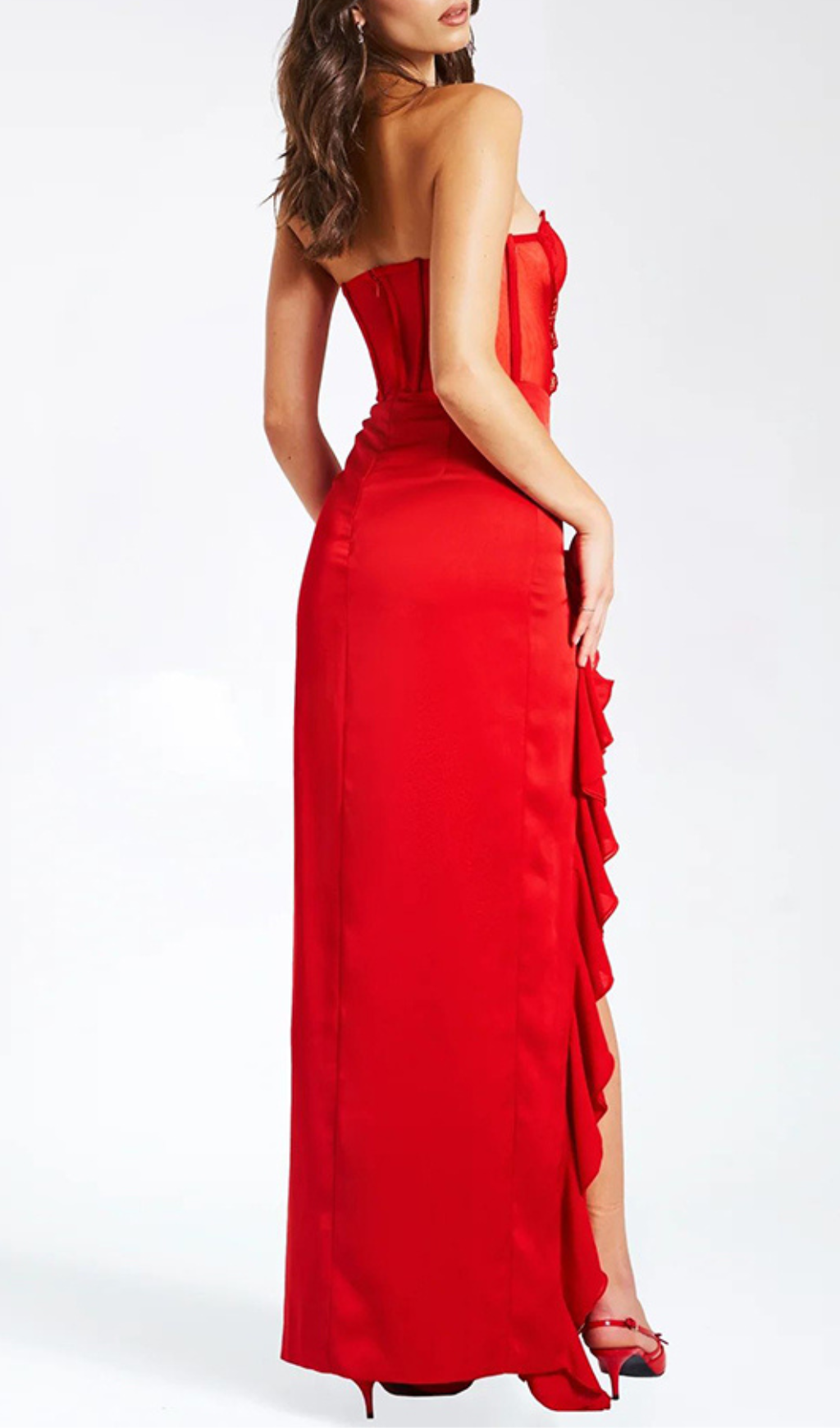 Fashionslee Women Amélie Red Satin Lace Corset Maxi Dress