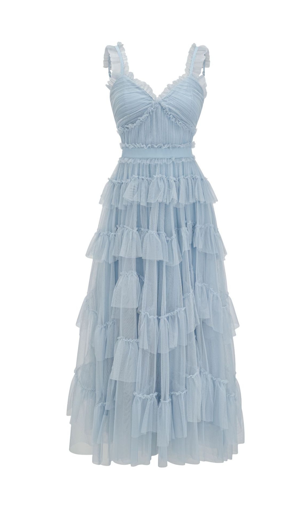 Fashionslee Women Blue Ruffle V Neck Sleeveless Tiered Tulle Maxi Dress