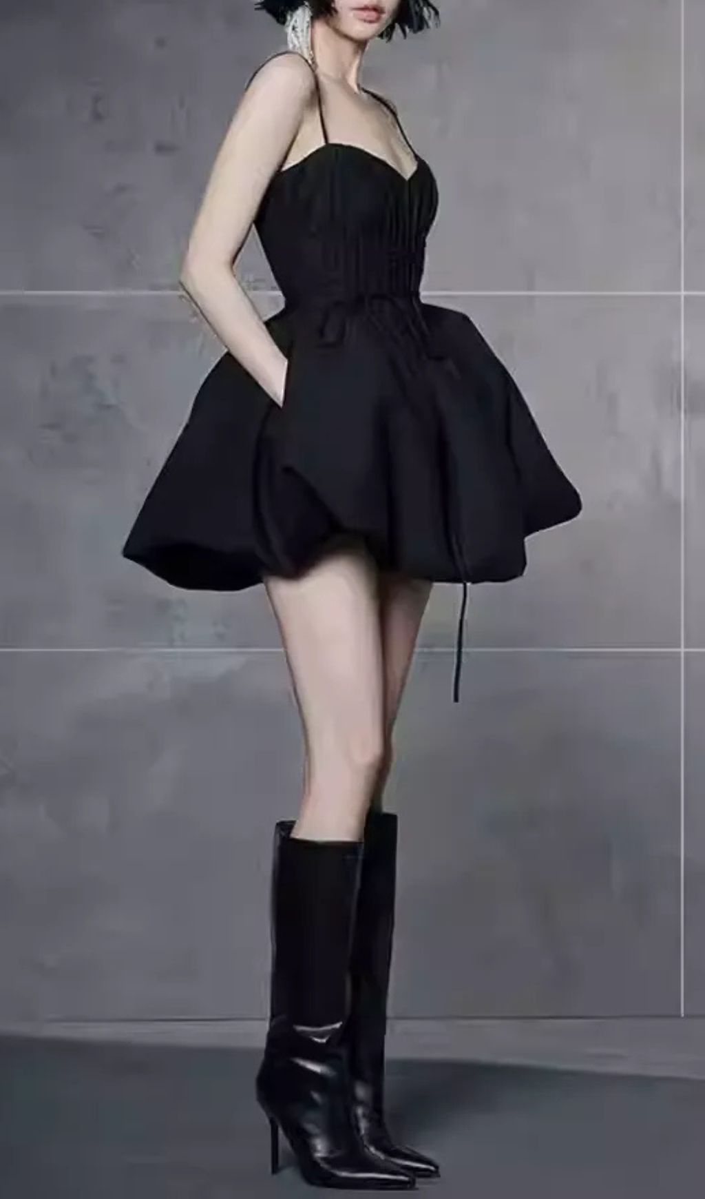 Fashionslee Women Janice Black Strappy Pleated Mini Dress