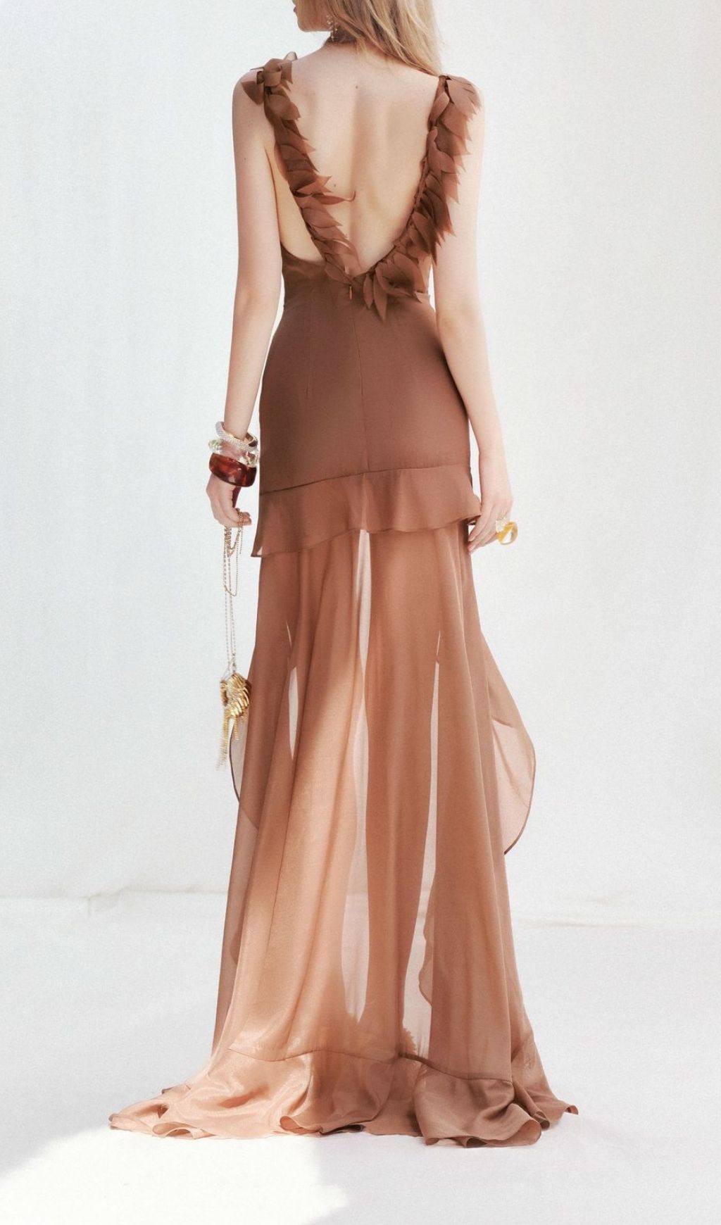 Fashionslee Women Kobi Amber Leaf Ruffle Mesh Maxi Dress
