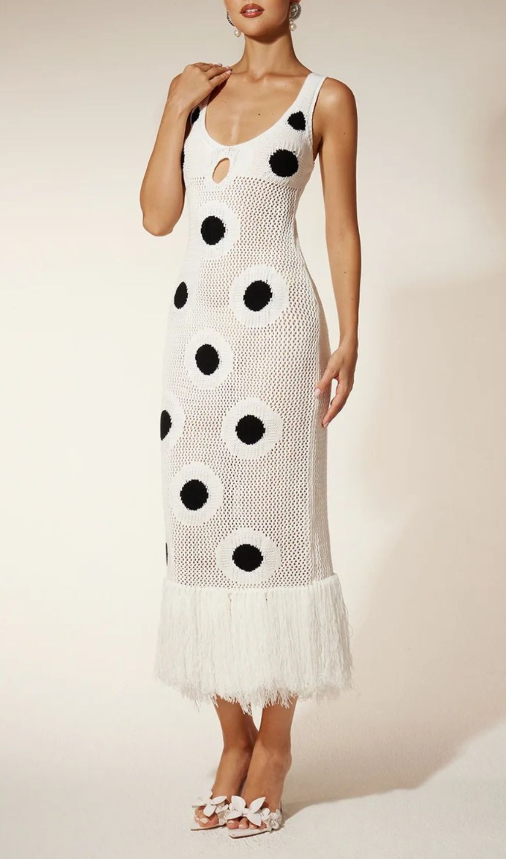 Fashionslee Women Gaelion Dot Fringe Knitted Midi Dress In White