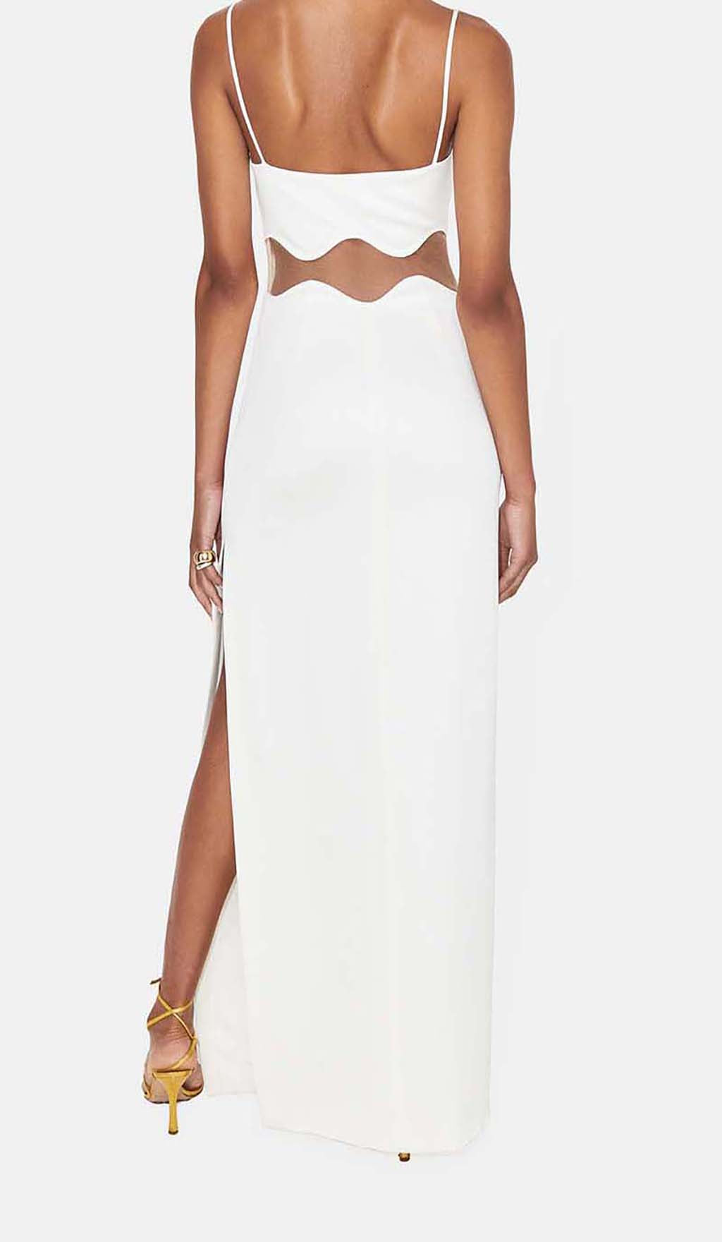 Fashionslee Women Scalloped Mesh Insert Maxi Dress In White