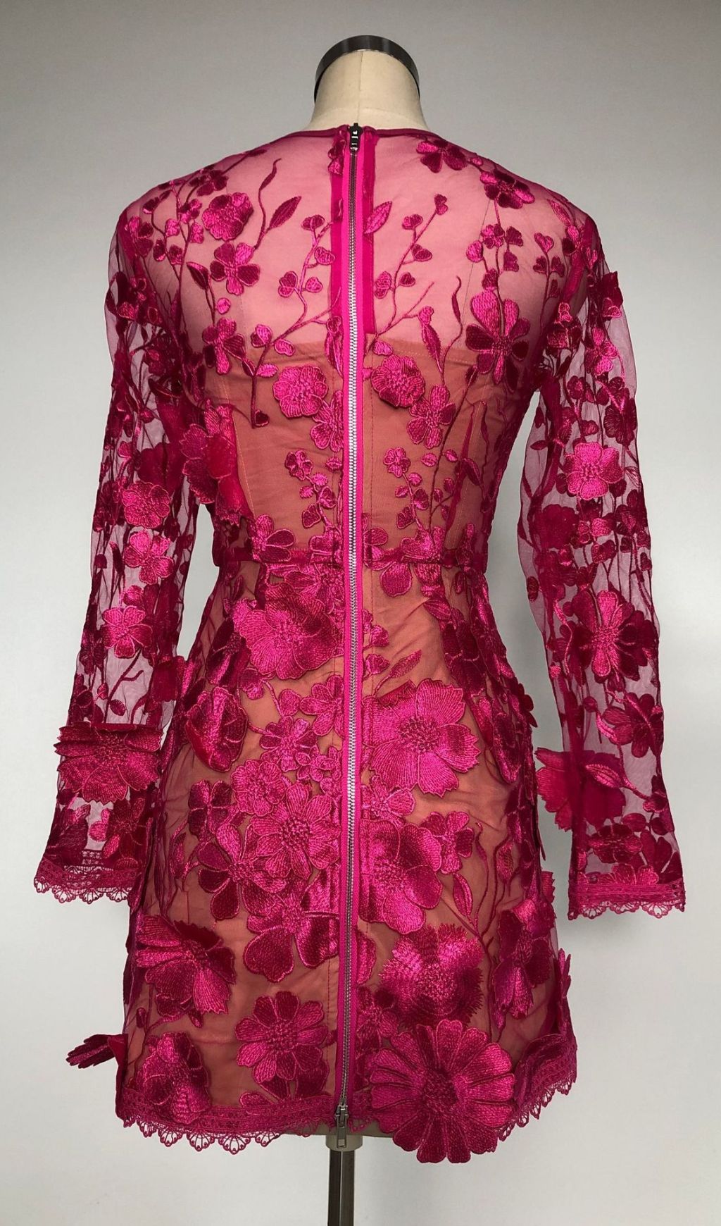 Fashionslee Women Iban Pink Flower Embroidery Long Sleeve Mini Dress
