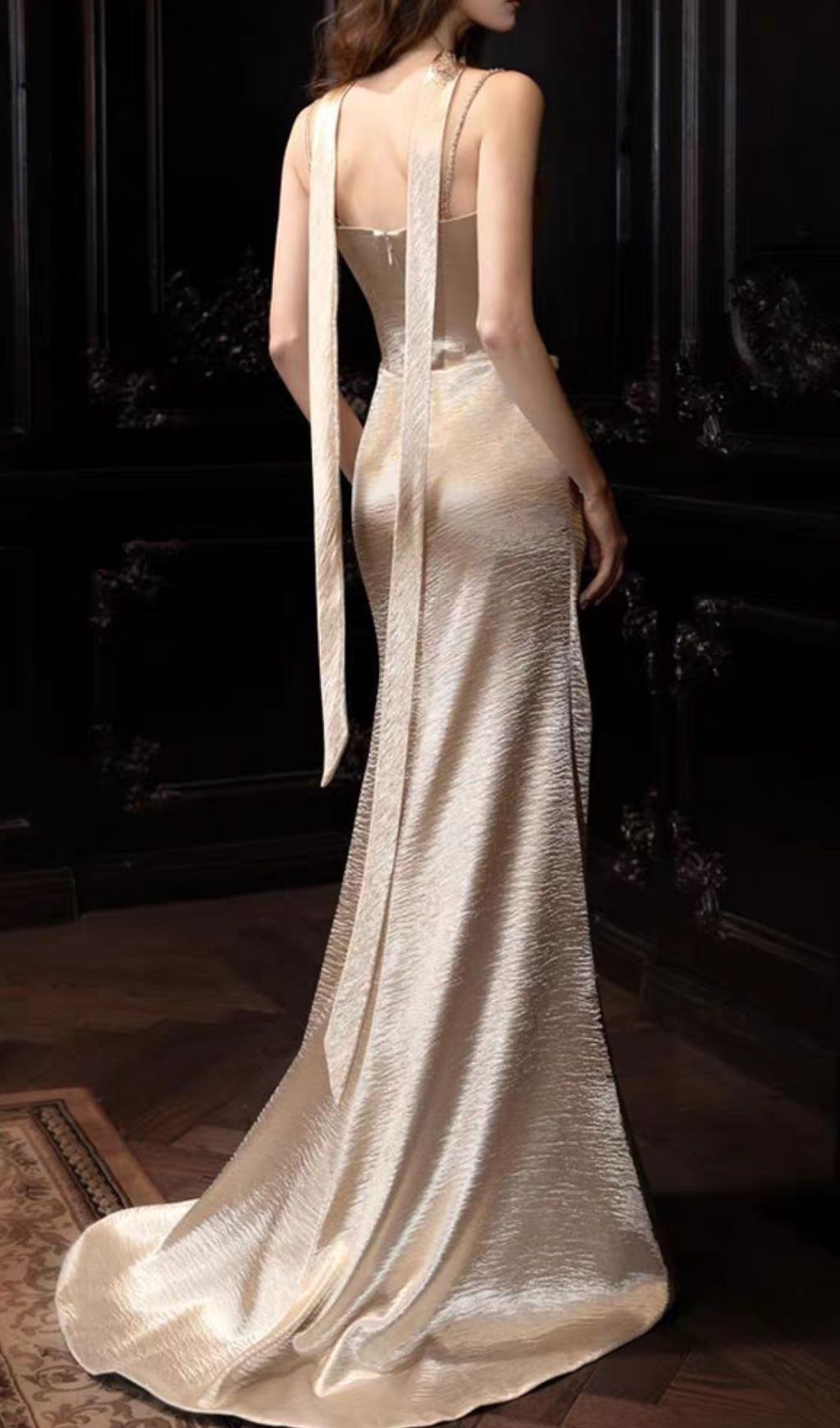 Fashionslee Women Hung Champagne Strappy Ruched Maxi Dress