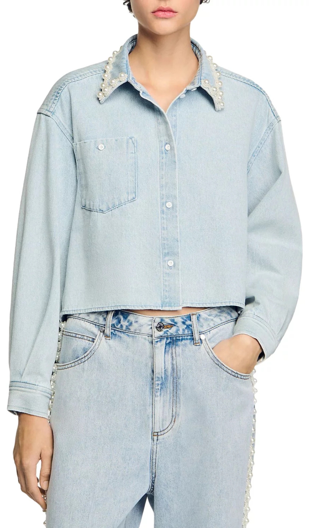Fashionslee Women Beaded Collar Denim Shirt