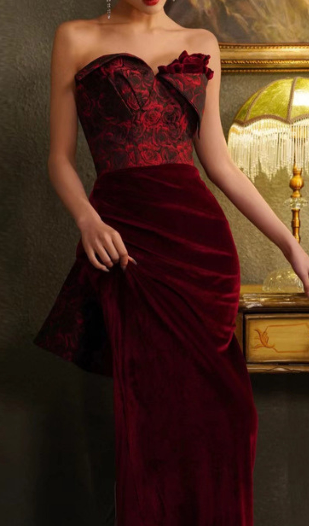 Fashionslee Women Chainey Wine Flower Velvet Maxi Dress