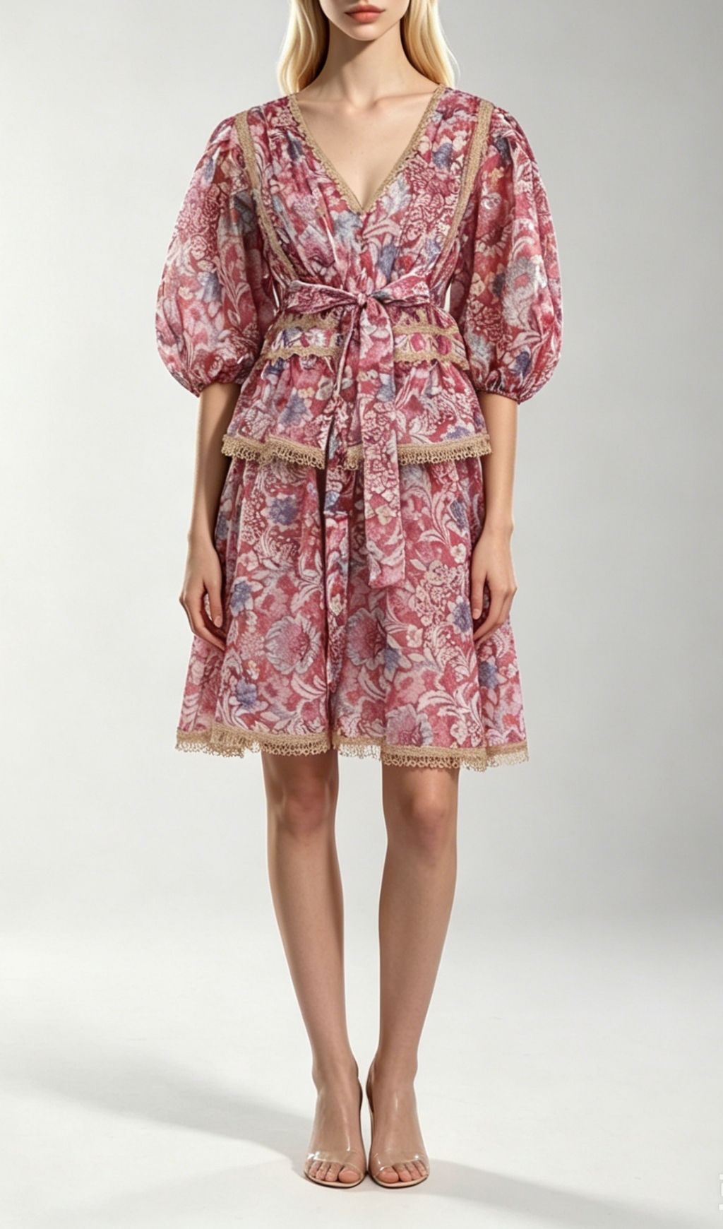Fashionslee Women Kirra Red V-Neck Printed Puff Sleeve Midi Dress
