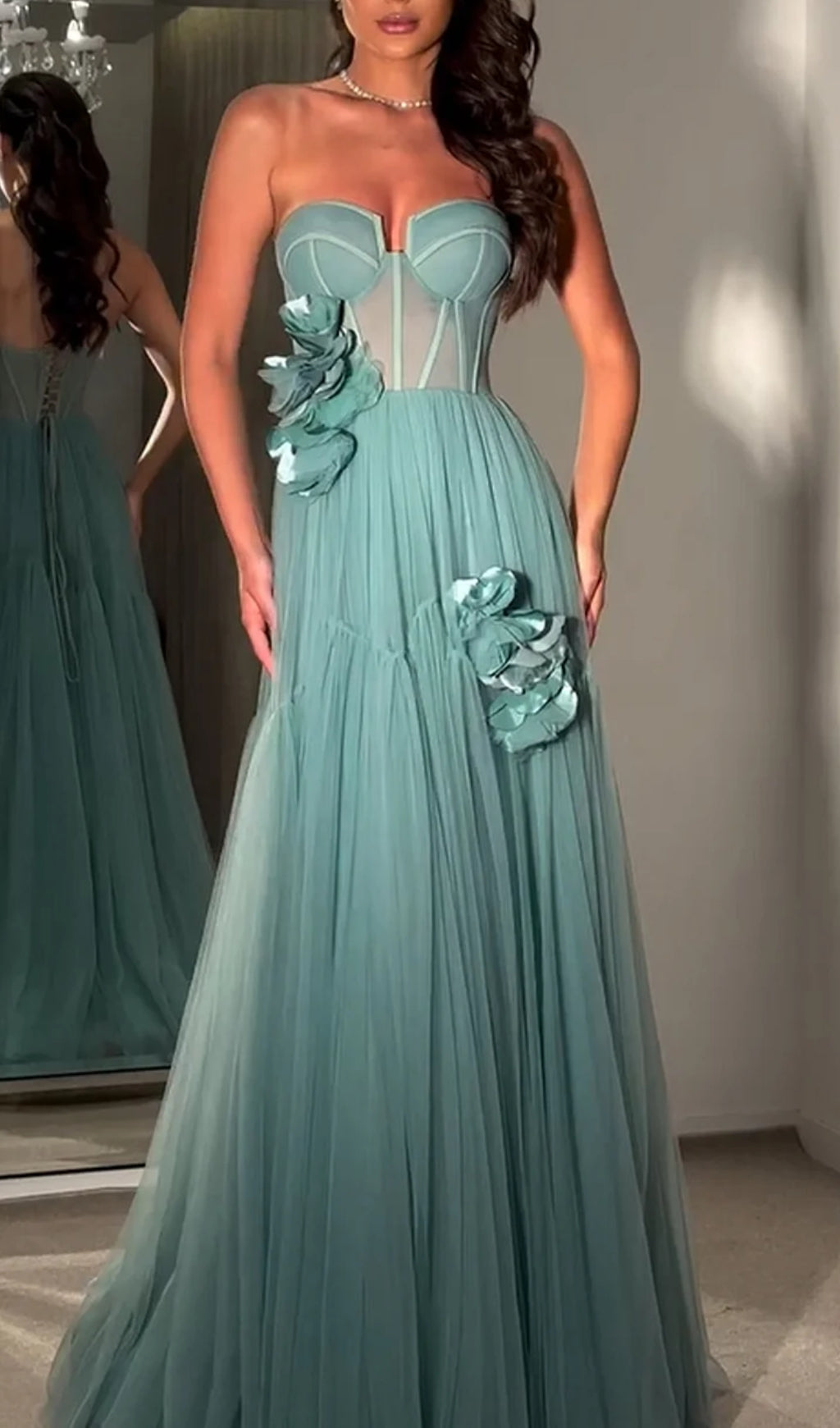 Fashionslee Women Blanca Blue Strapless Flower Corset Maxi Dress