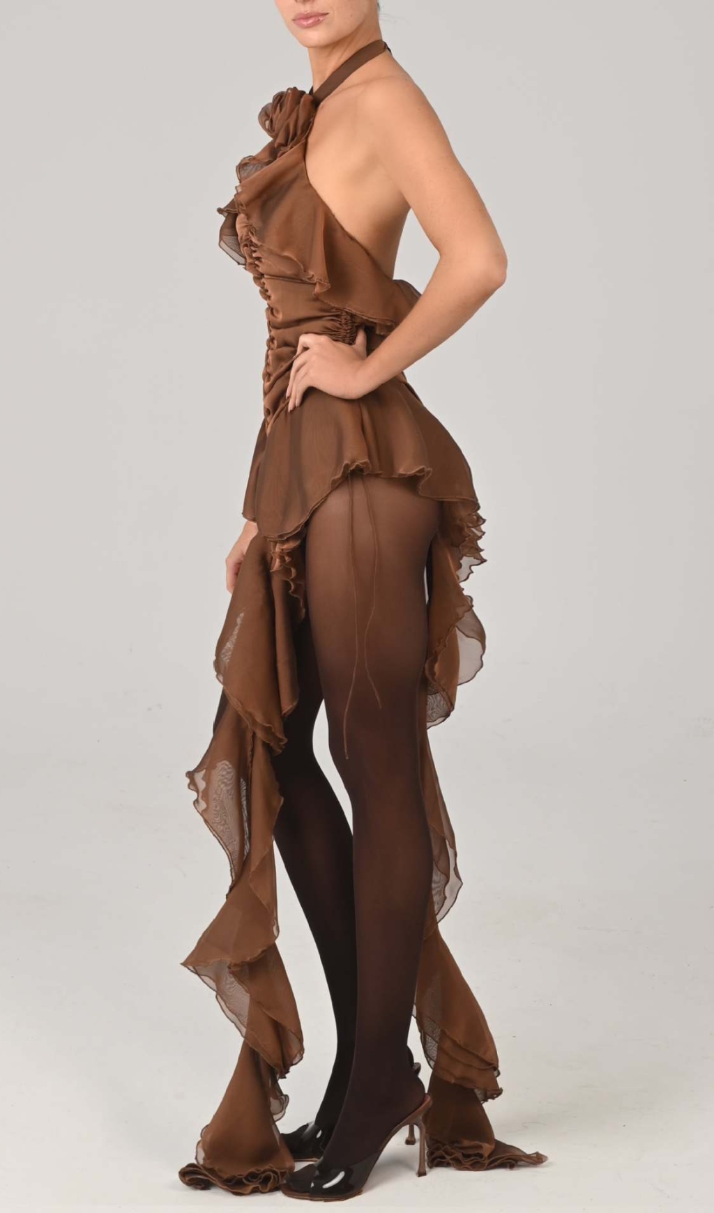 Fashionslee Women Estelle Brown Flower Halter Ruched Ruffle Mini Dress