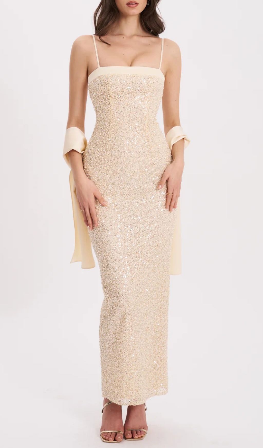 Fashionslee Women Raizel Gold Beaded Sequin Bodycon Gown with Scarf