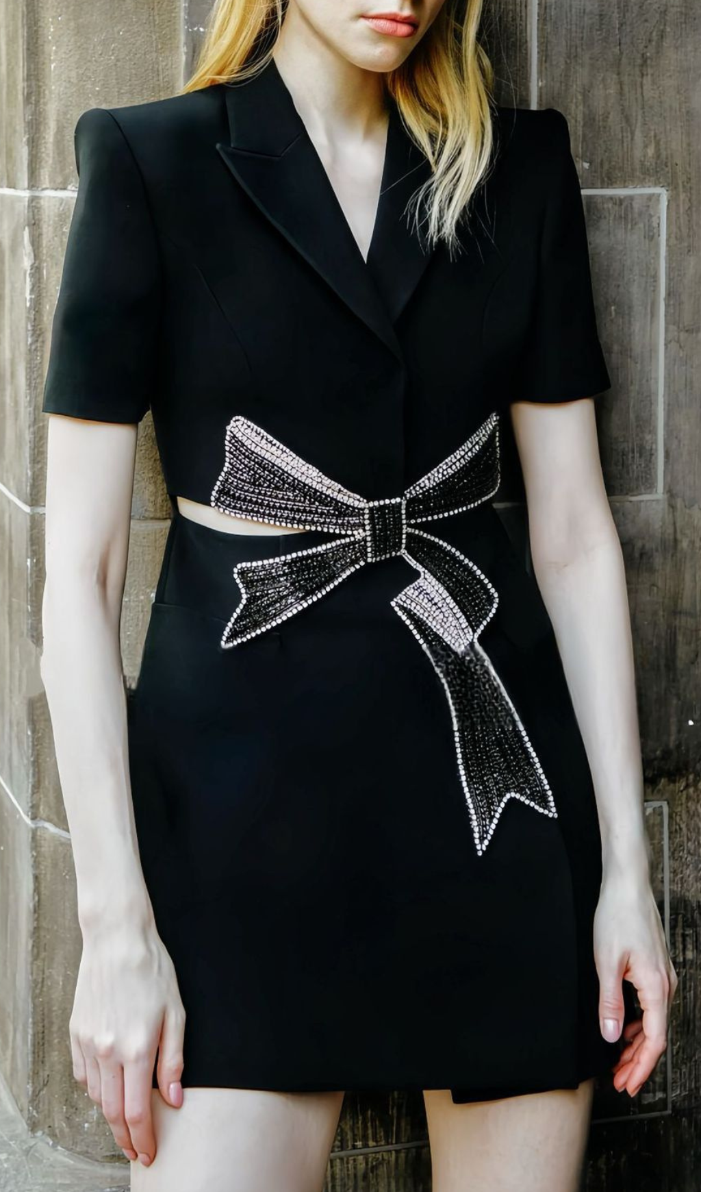 Fashionslee Women Farida Black Diamante Bow Mini Blazer Dress