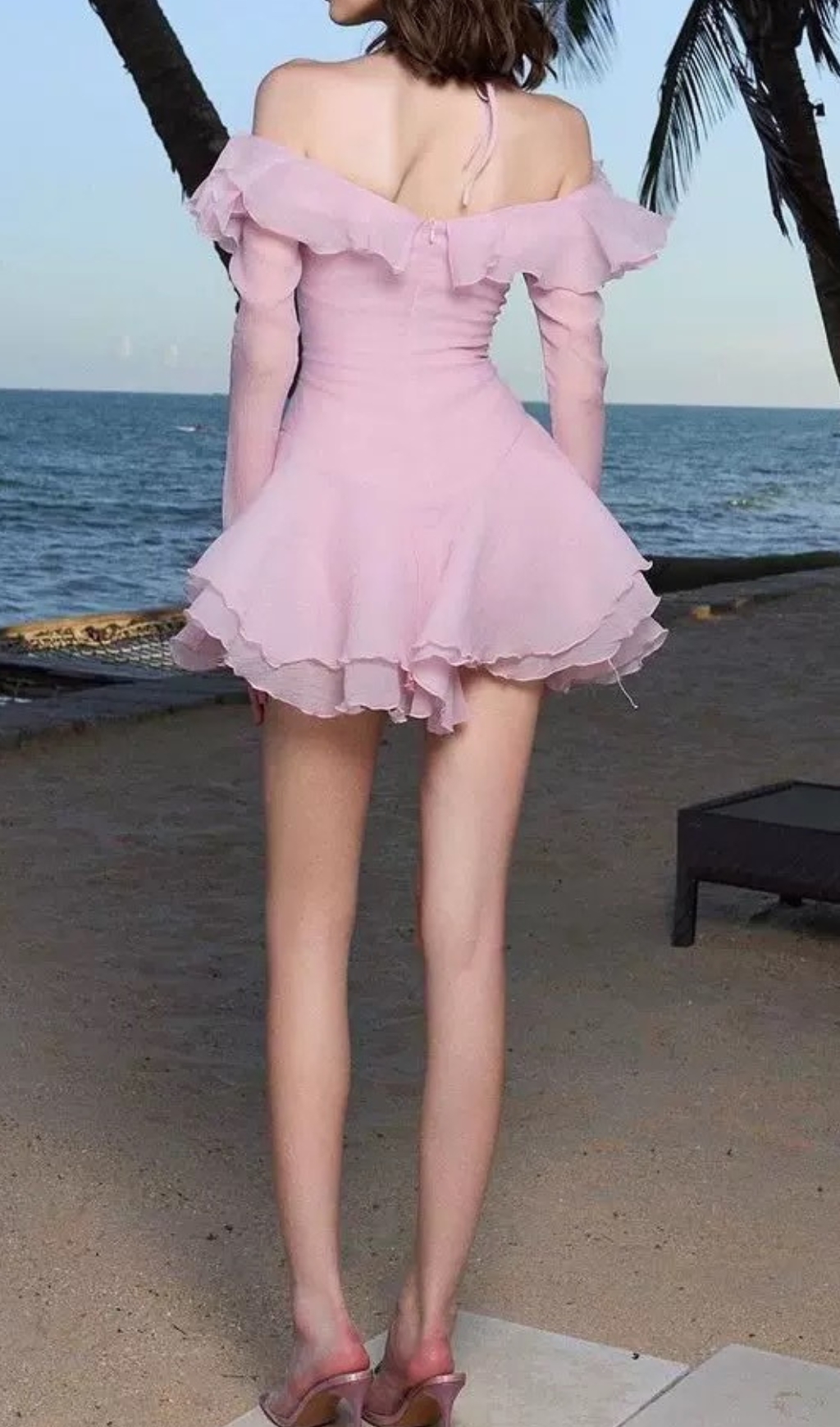 Fashionslee Women Brandee Pink Long Sleeve Ruffle Hem Mini Dress