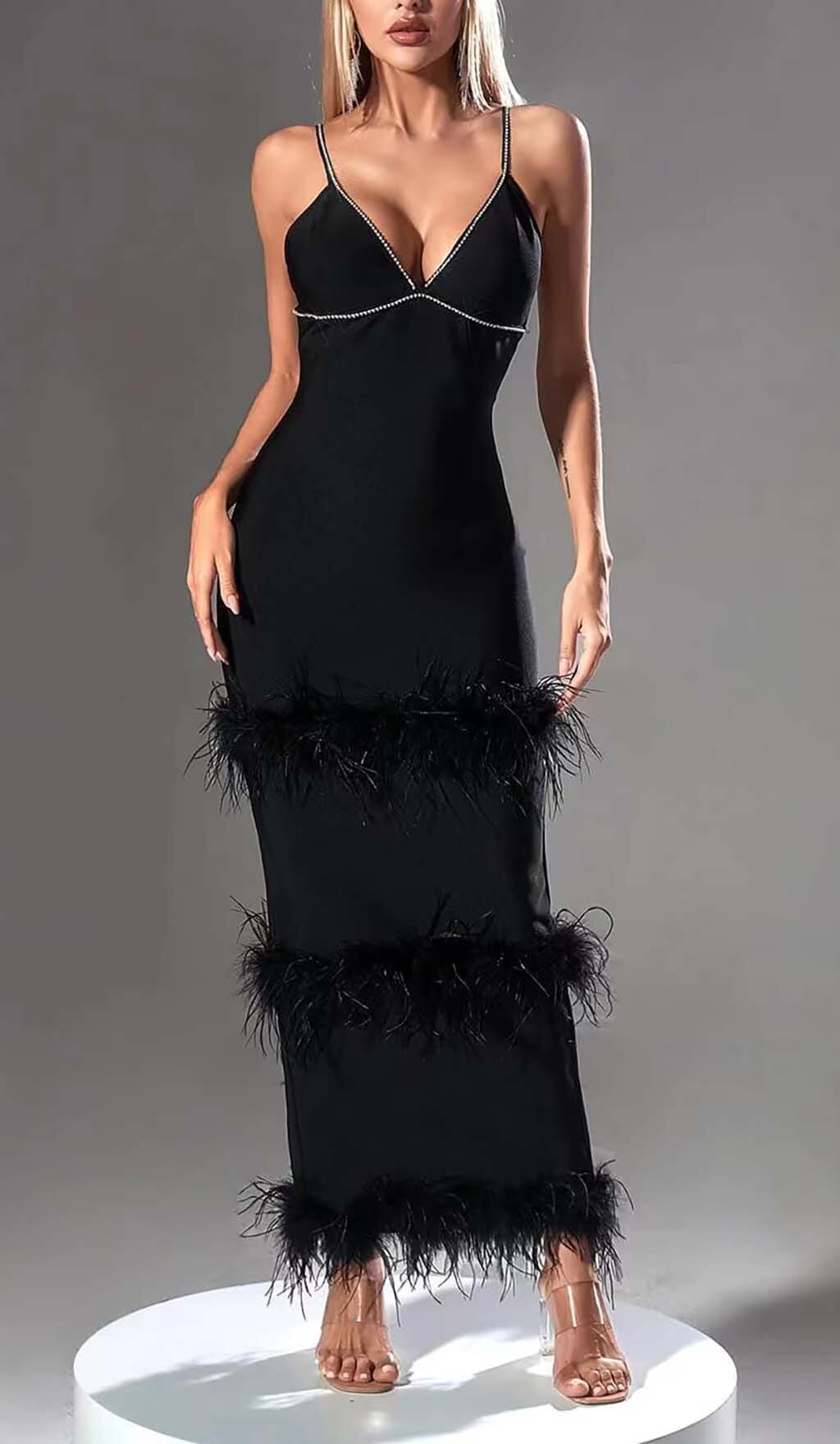Fashionslee Women Rhinestone Tiered Feather Midi Dress In Black