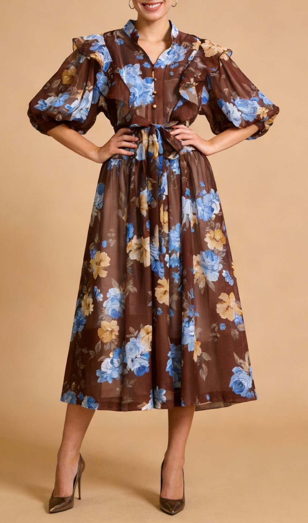 Fashionslee Women Kandace Floral Puff-Sleeve Midi Dress
