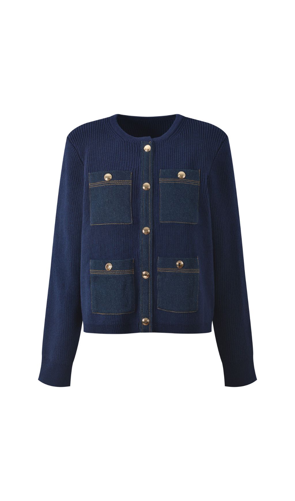 TRENDING DENIM KNIT CARDIGAN WITH VIRAL DETAIL - OWNCI