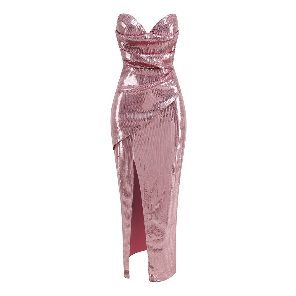 Fashionslee Women Strapless Sequin Split Maxi Dress