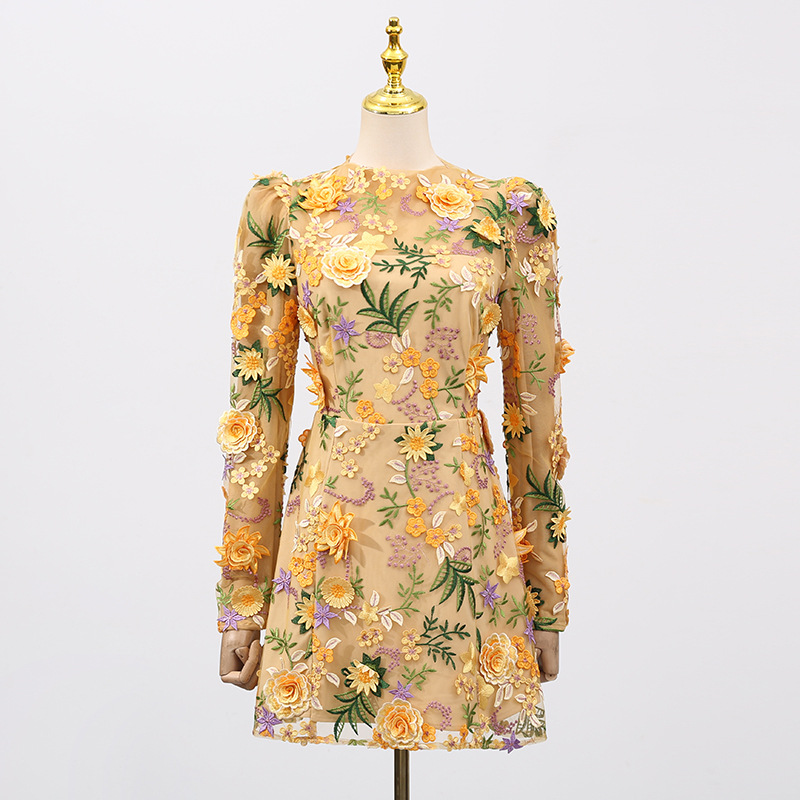 Fashionslee Women Emrys Flower Embroidery Long Sleeve Mini Dress