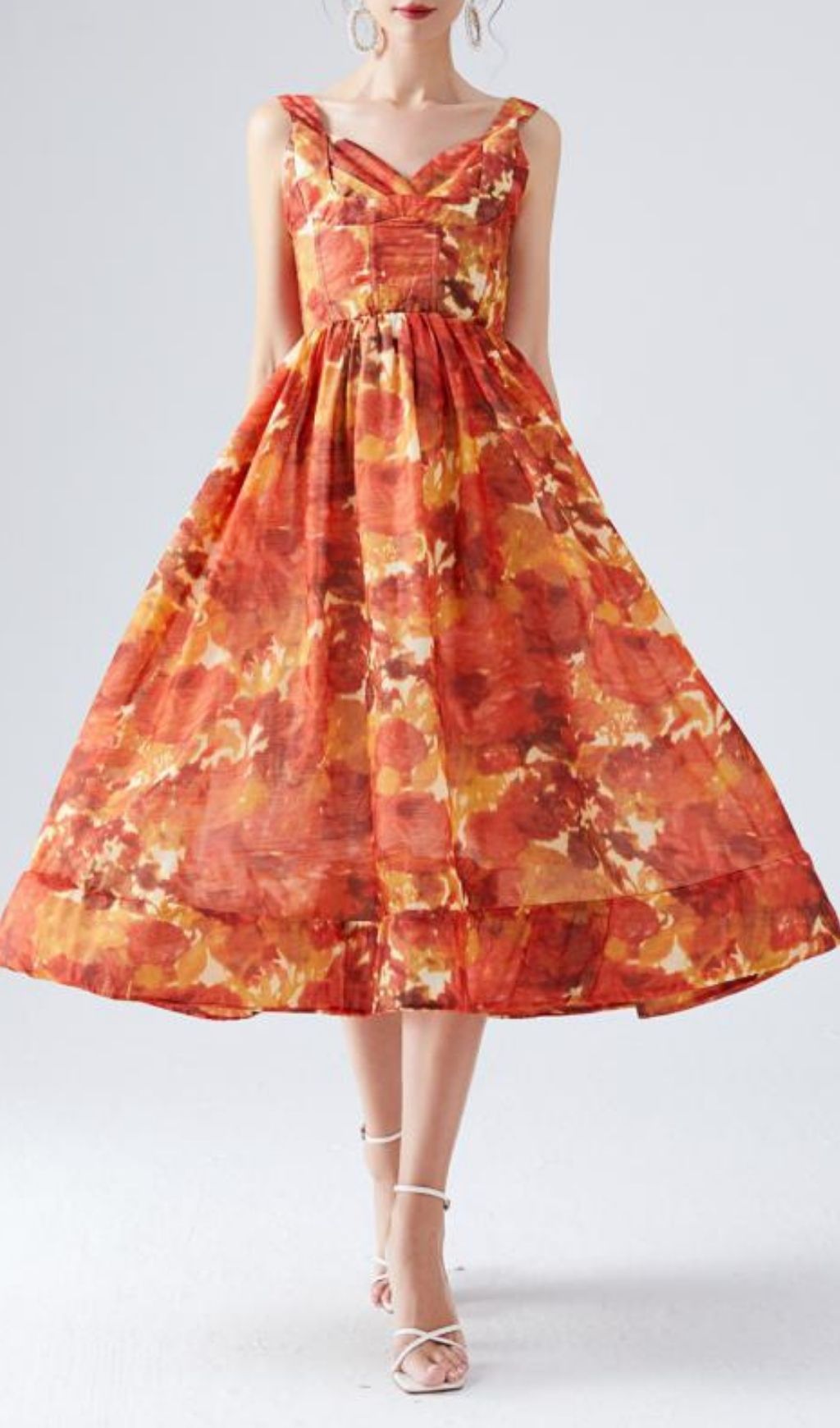 4709a2f26a7438fa2418dec3691f3186.jpg Fashionslee Women Kamana Orange Printed Midi Dress