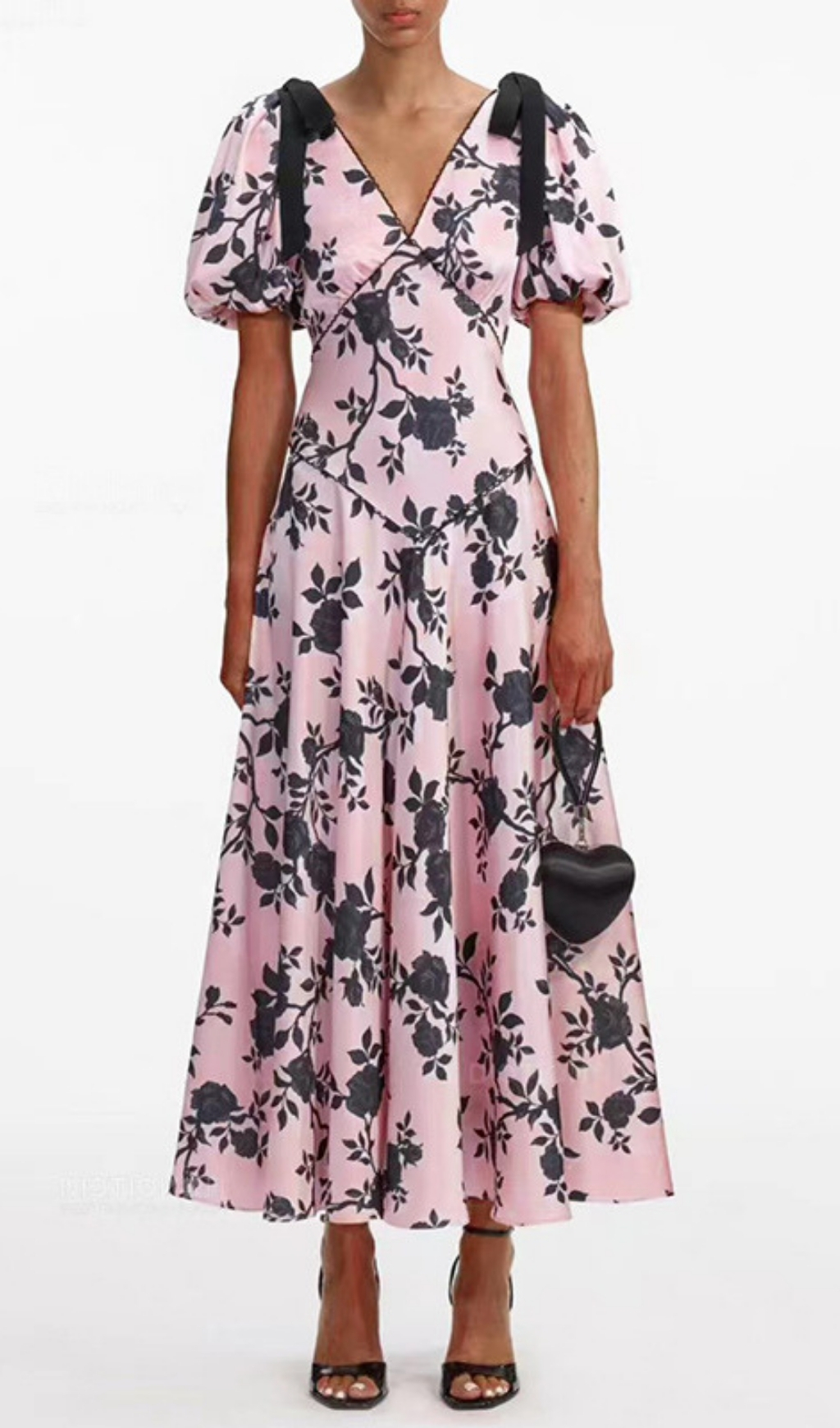 Fashionslee Women Filip Pink Flower Printed V-Neck Midi Dress