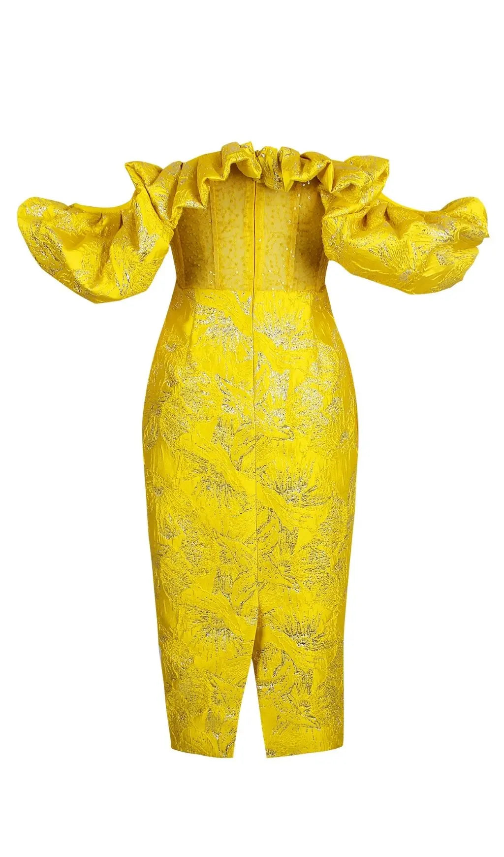 Fashionslee Women Jacquard Strapless Lace Midi Dress In Yellow