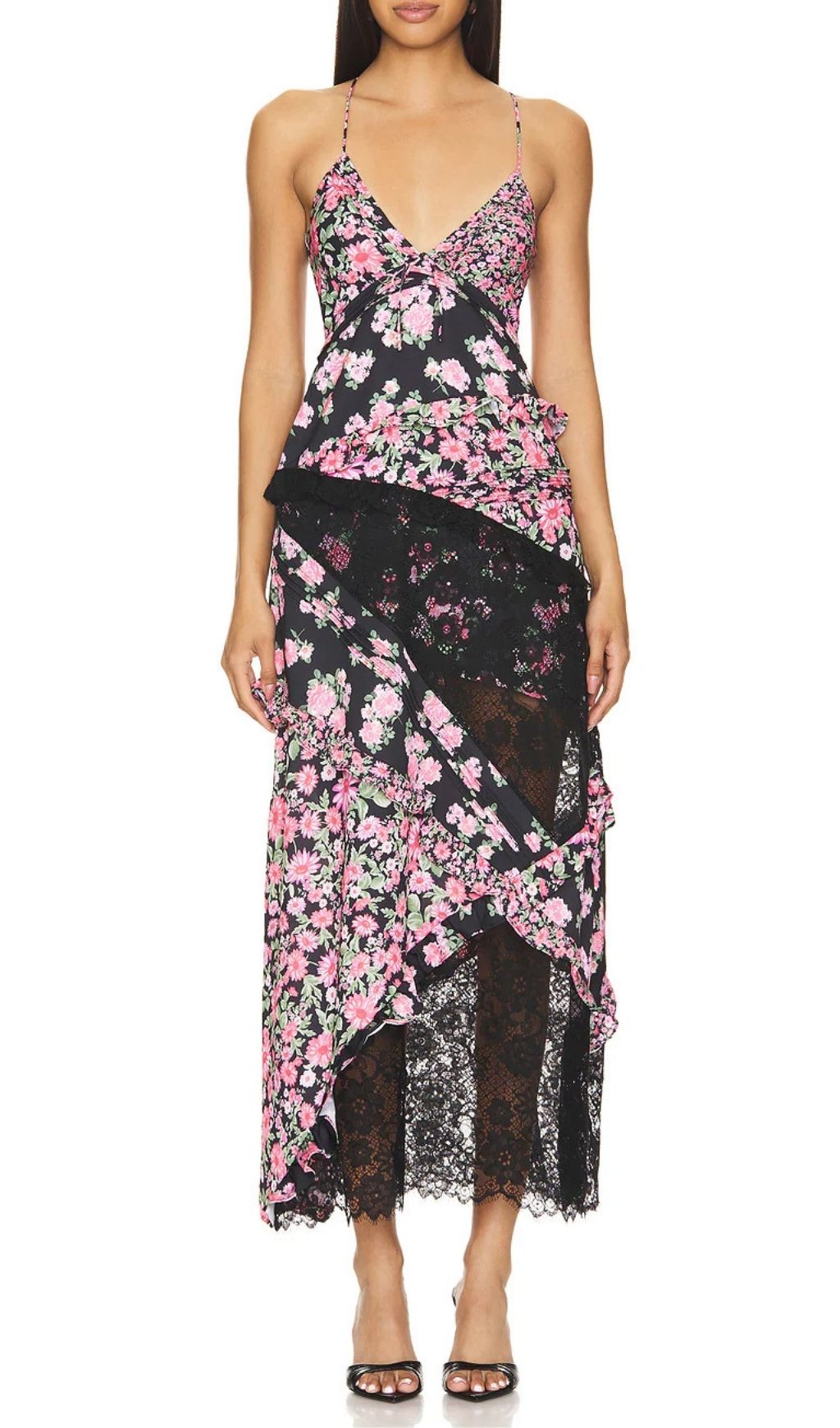 Fashionslee Women Georgia Black V Neck Floral Print Lace Maxi Dress