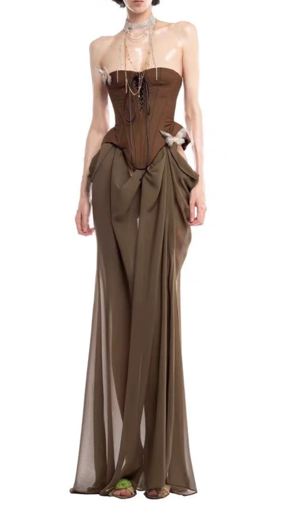 Fashionslee Women Edna Brown Strapless Corset Maxi Dress