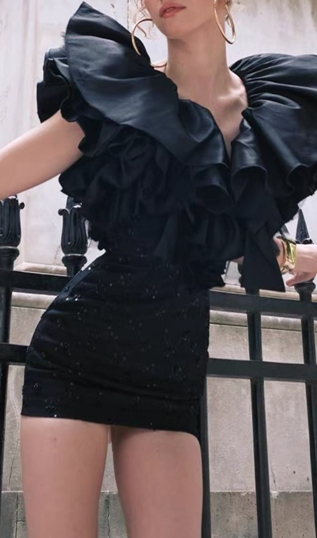 47ec389f0261639c4a777581f149673d.png Fashionslee Women Garima Black Ruffle Sequin Mini Dress