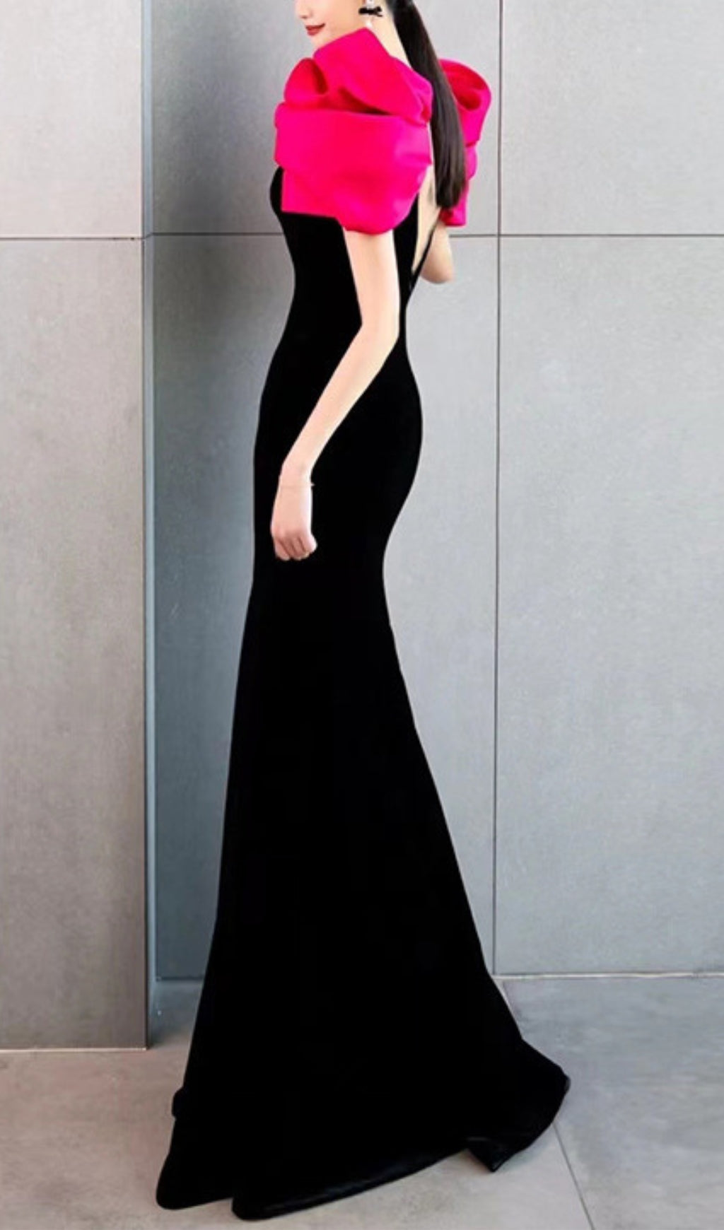 Fashionslee Women Red Puff Sleeve Black Maxi Dress