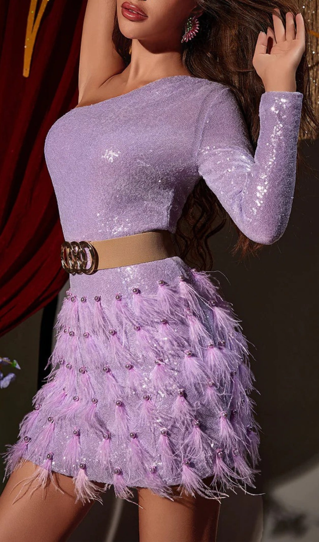 48a9edeaec1339aea3ece797f0e91f9e.jpeg Fashionslee Women Akanksha Purple Feather Sequins Mini Dress