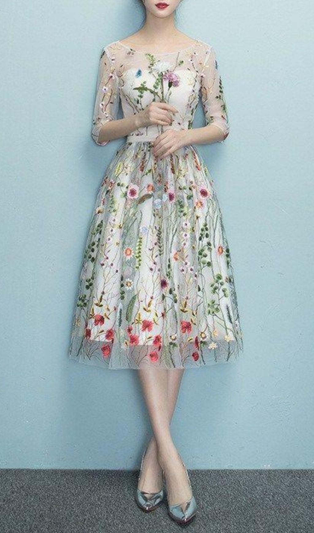 Fashionslee Women Daphne Flower Mesh Midi Dress