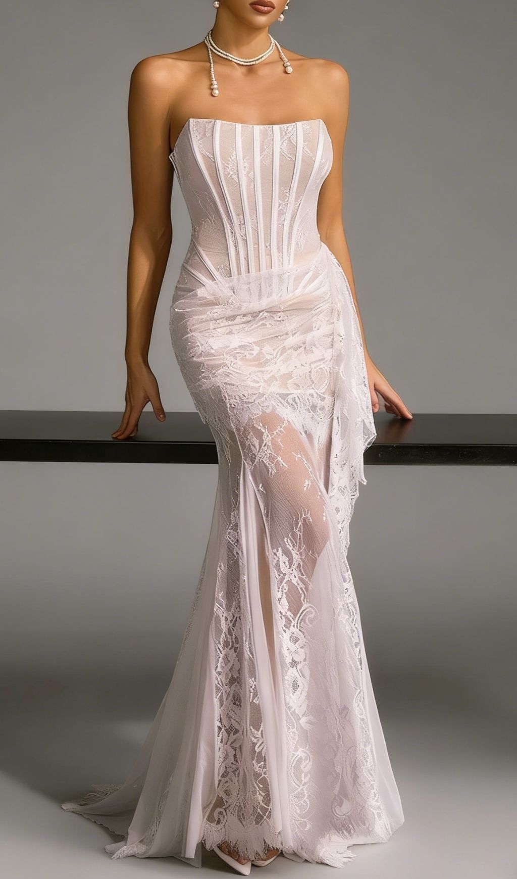 490748e408025d78552a53a841980690.jpg Fashionslee Women Yolita Strapless Lace Corset Maxi Dress