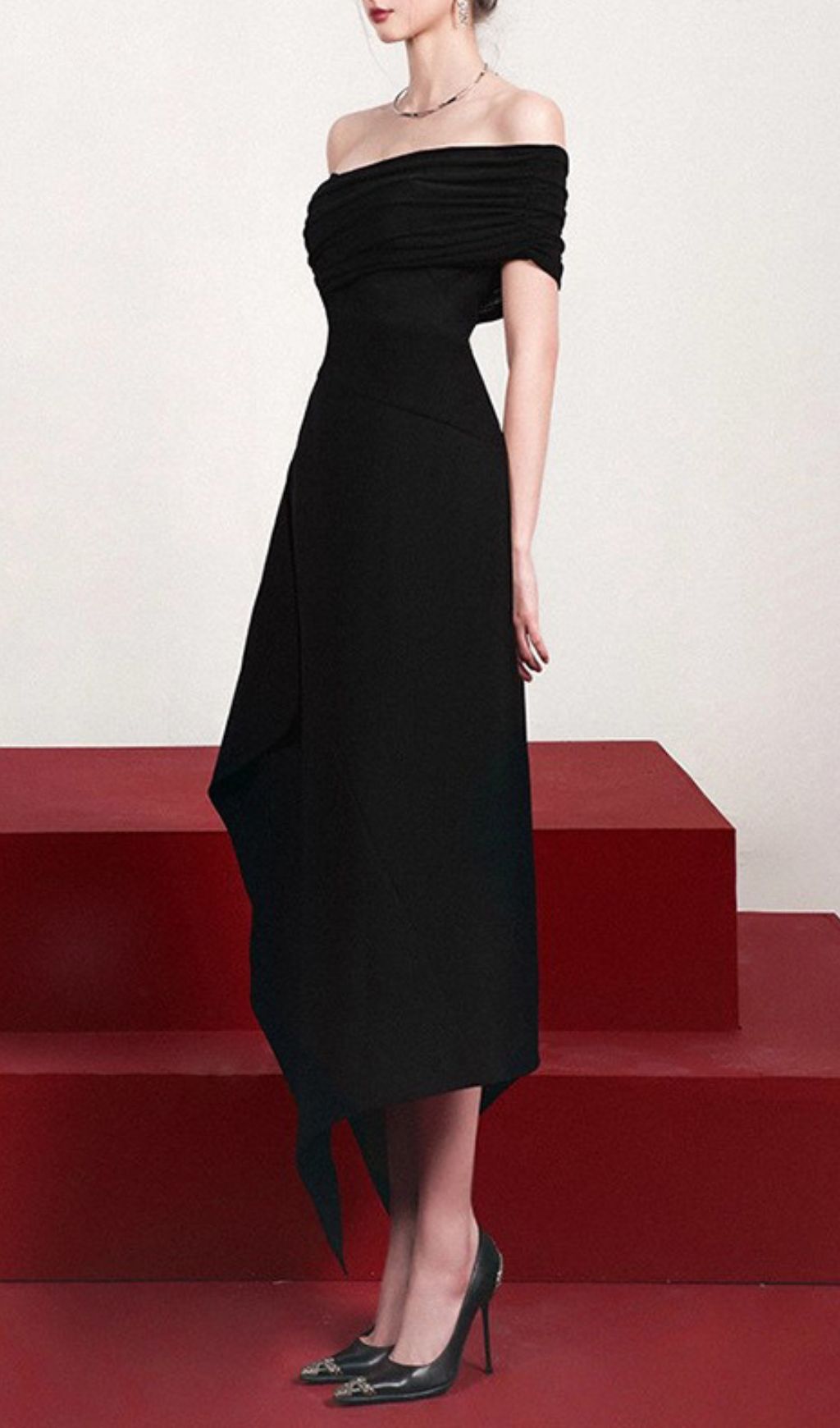 4910ab514d89ef58de089de7a42f9c81.jpg Fashionslee Women Iris Black Off-Shoulder Irregular Hem Maxi Dress