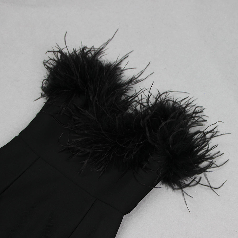 Fashionslee Women Agathe Black Feather Trim Mini Dress