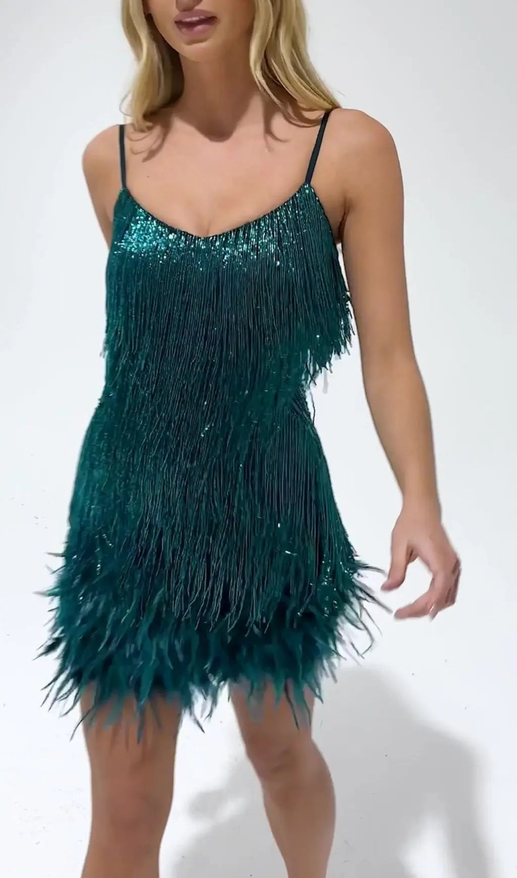 4921c322ab4f7c3a8dbd340c478af380.jpeg Fashionslee Women Tassel Feather Mini Dress In Dark Green