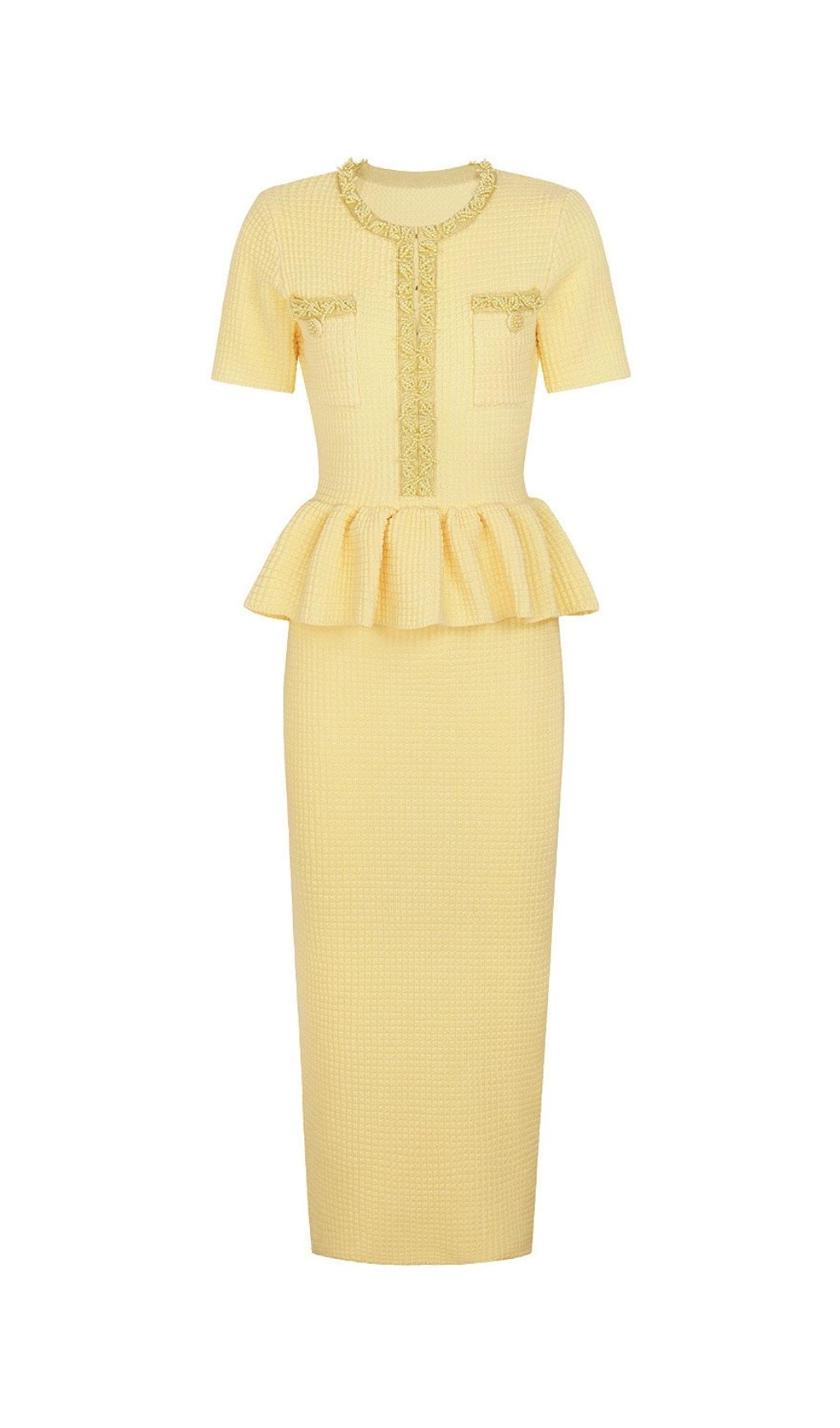 Fashionslee Women Kinuye Yellow Beaded Knit Midi Dress