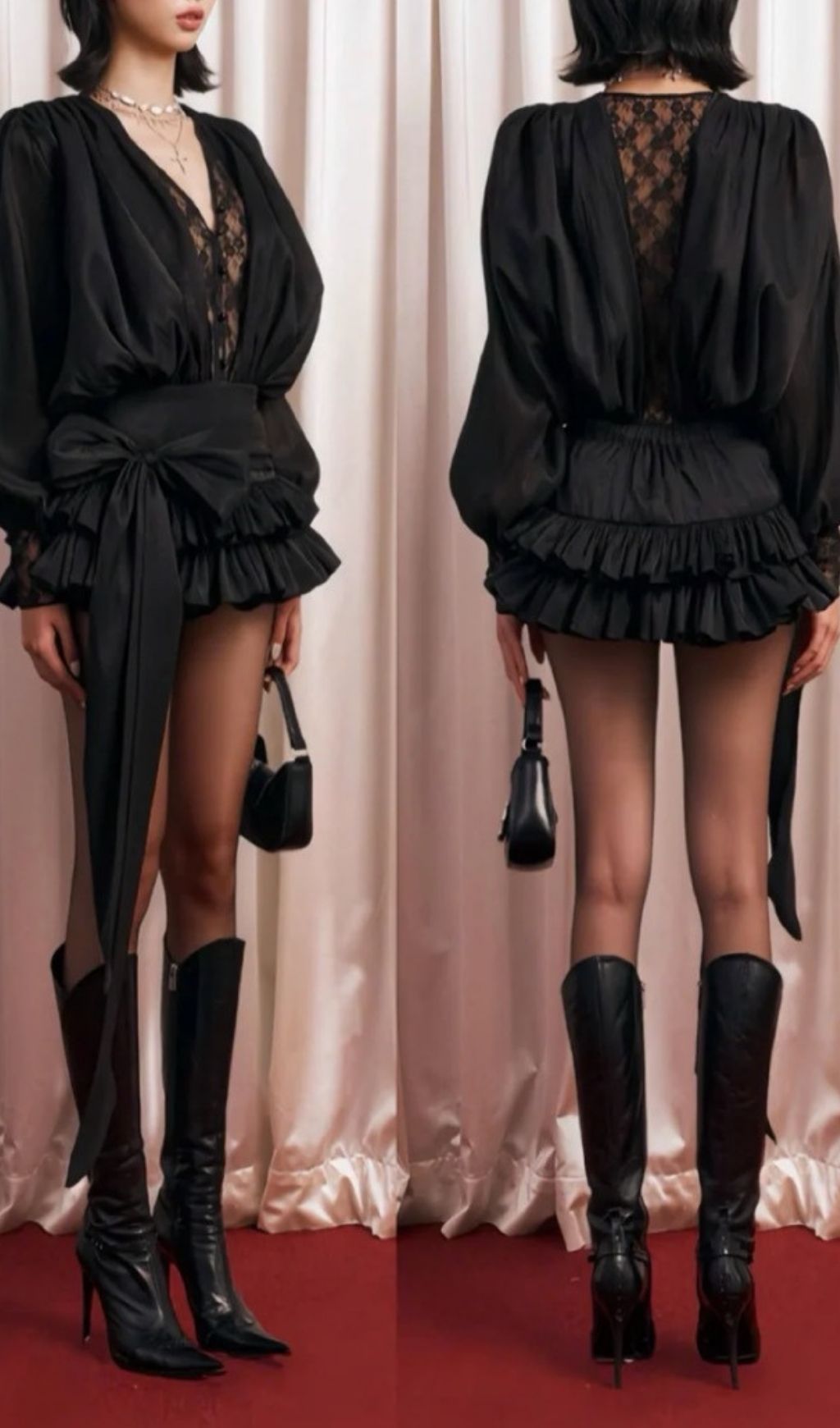 4999e995741a094f8176d9b78faf931b.jpg Fashionslee Women laeron V Neck Lace Bow Mini Dress In Black
