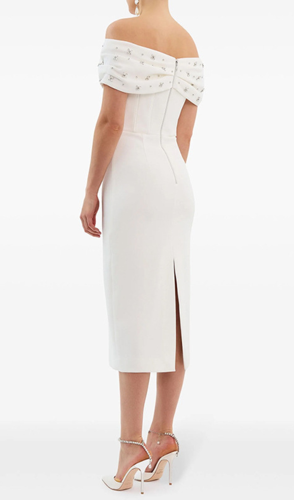 Fashionslee Women White Crystal Bardot Midi Dress
